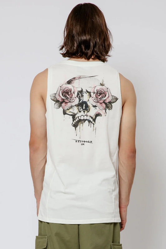 Men's Religion Roses Skull Graphic Vest Off White