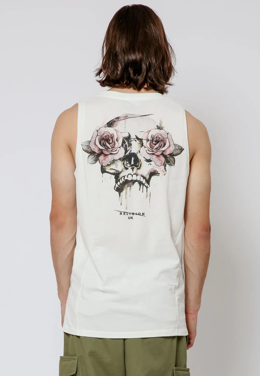 Men's Religion Roses Skull Graphic Vest Off White