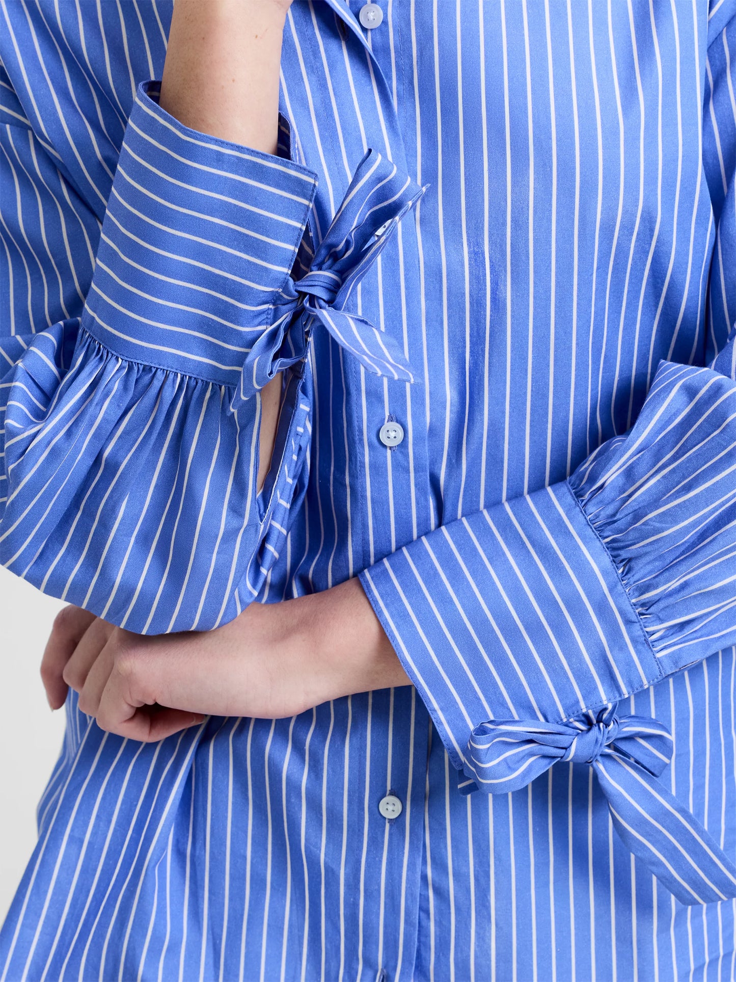 French Connection Cambria Cotton Striped Bow Detail Blue Shirt