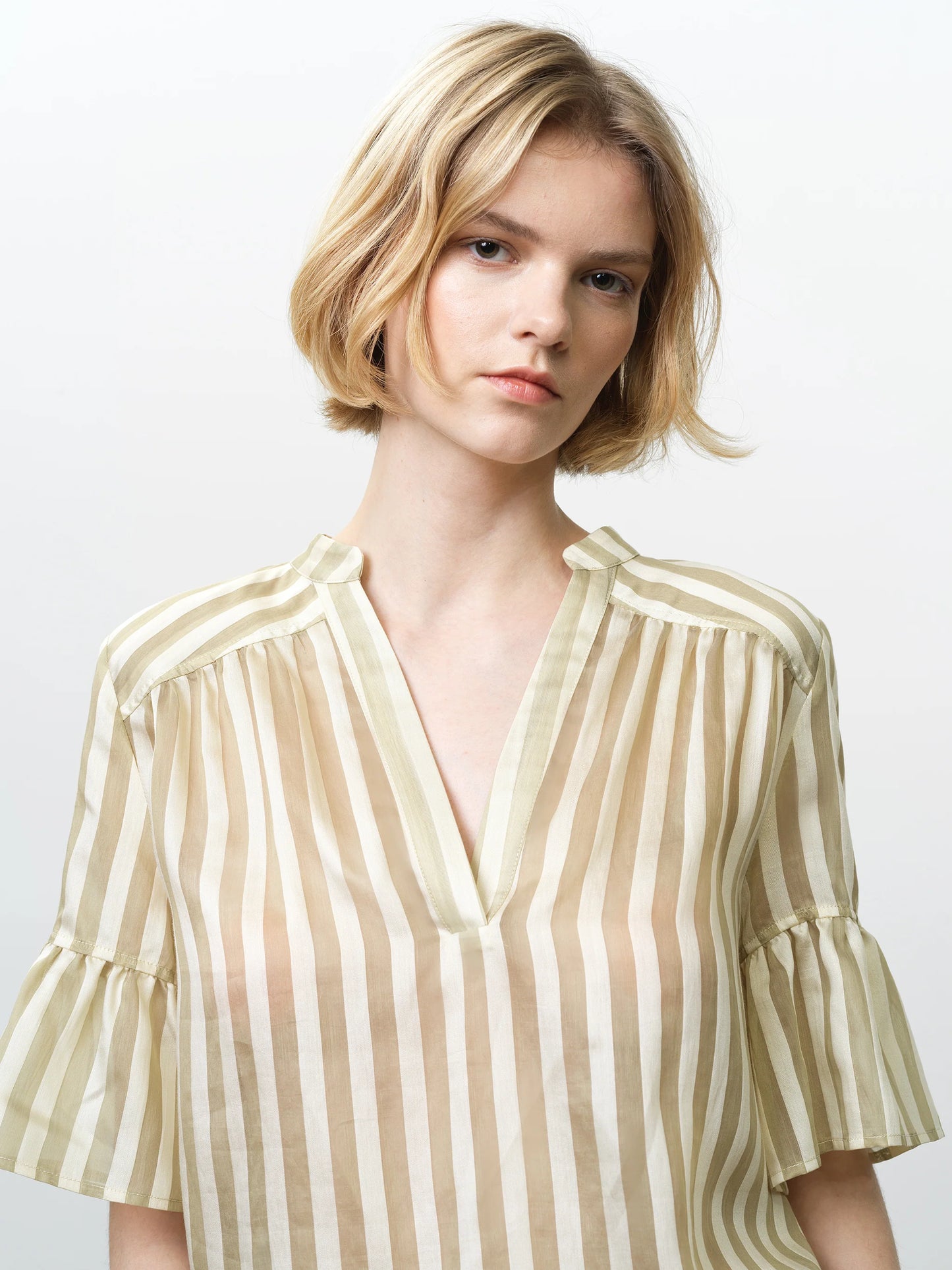 French Connection Adeline Relaxed Green Striped V Neck Top