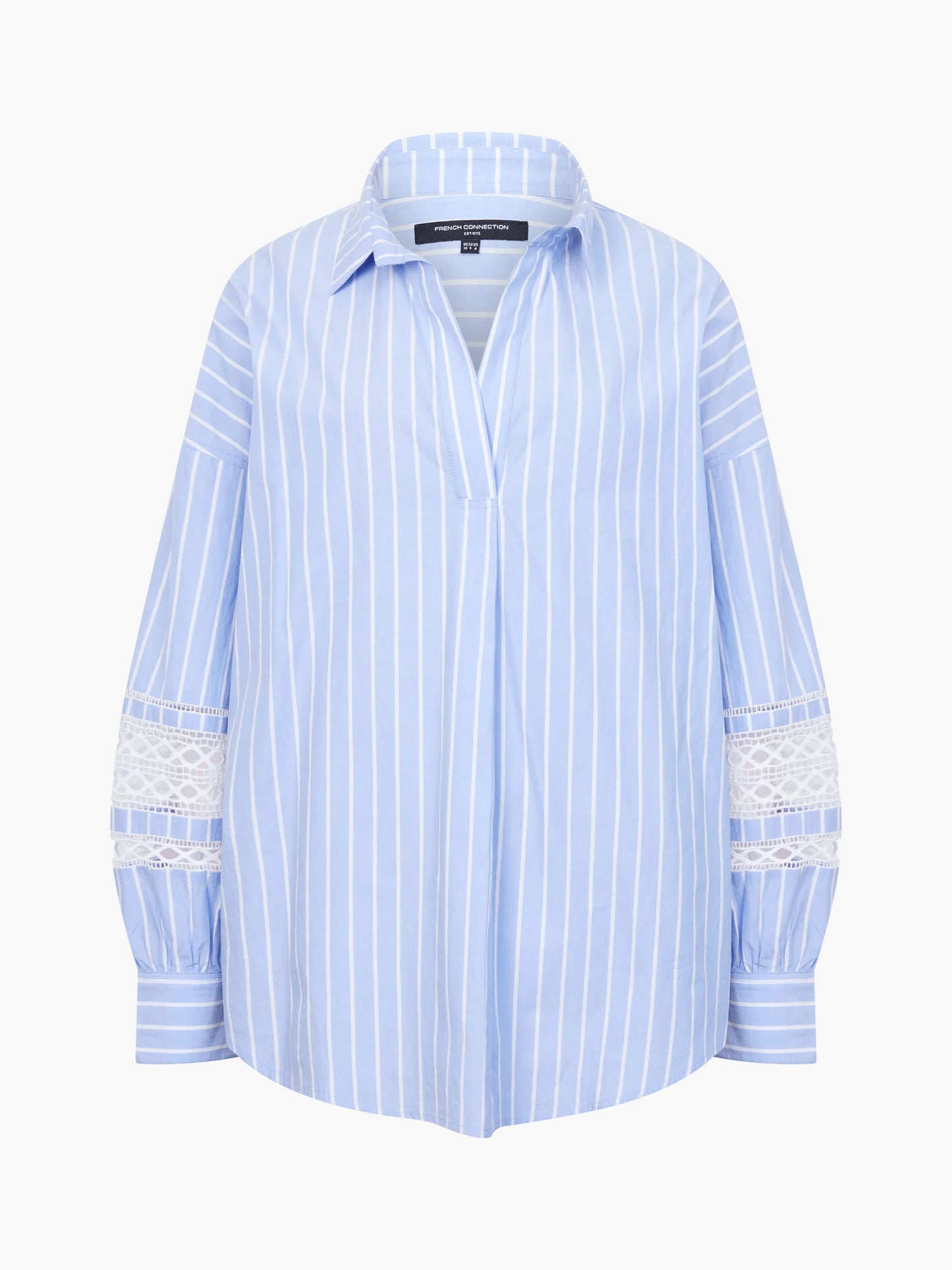 French Connection Cambria Cotton Stripe Embroidered Popover Shirt