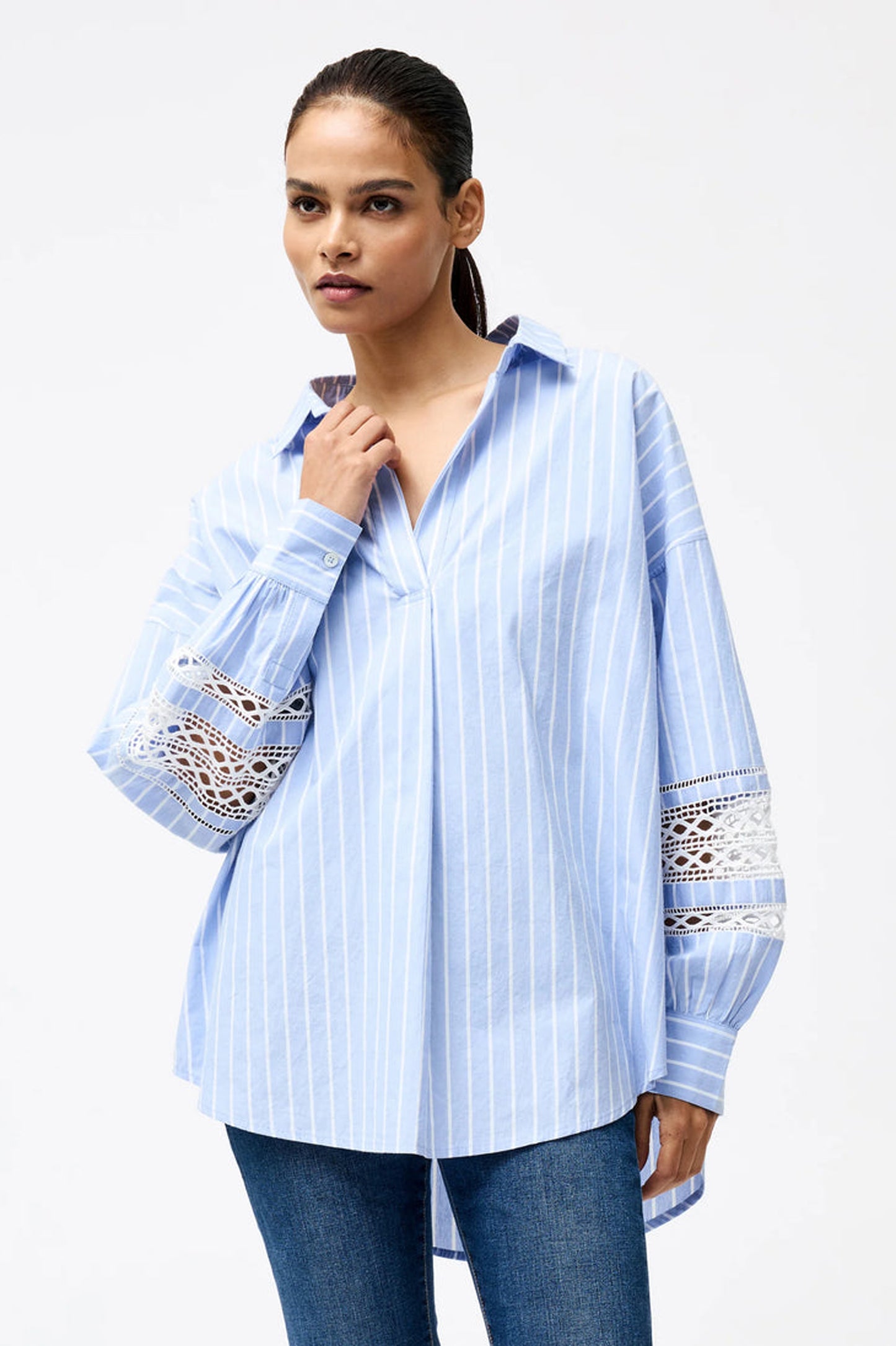 French Connection Cambria Cotton Stripe Embroidered Popover Shirt