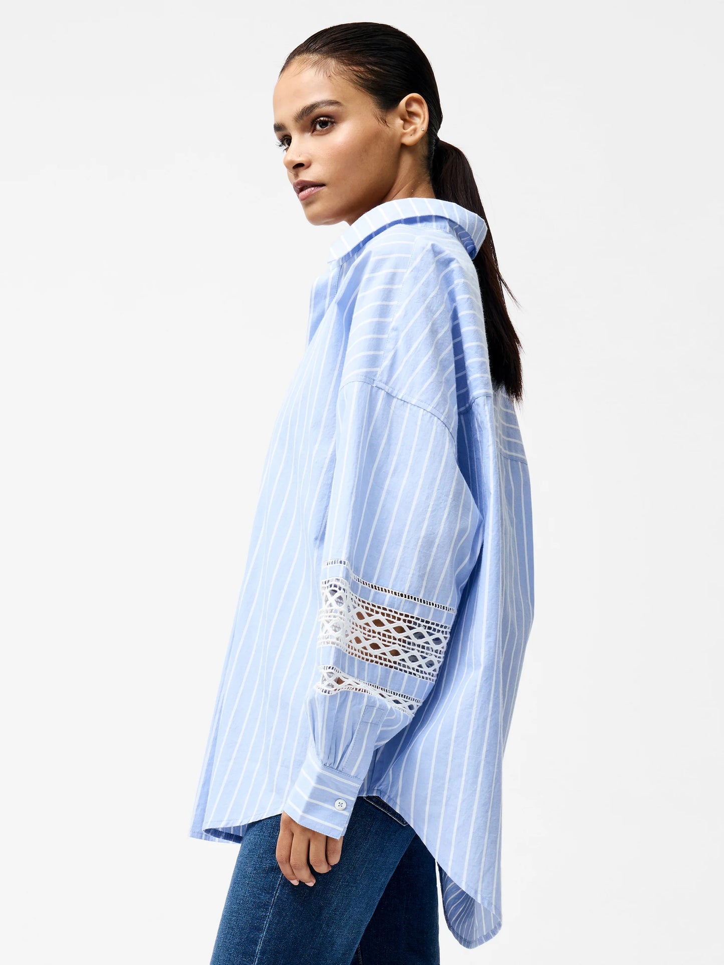 French Connection Cambria Cotton Stripe Embroidered Popover Shirt