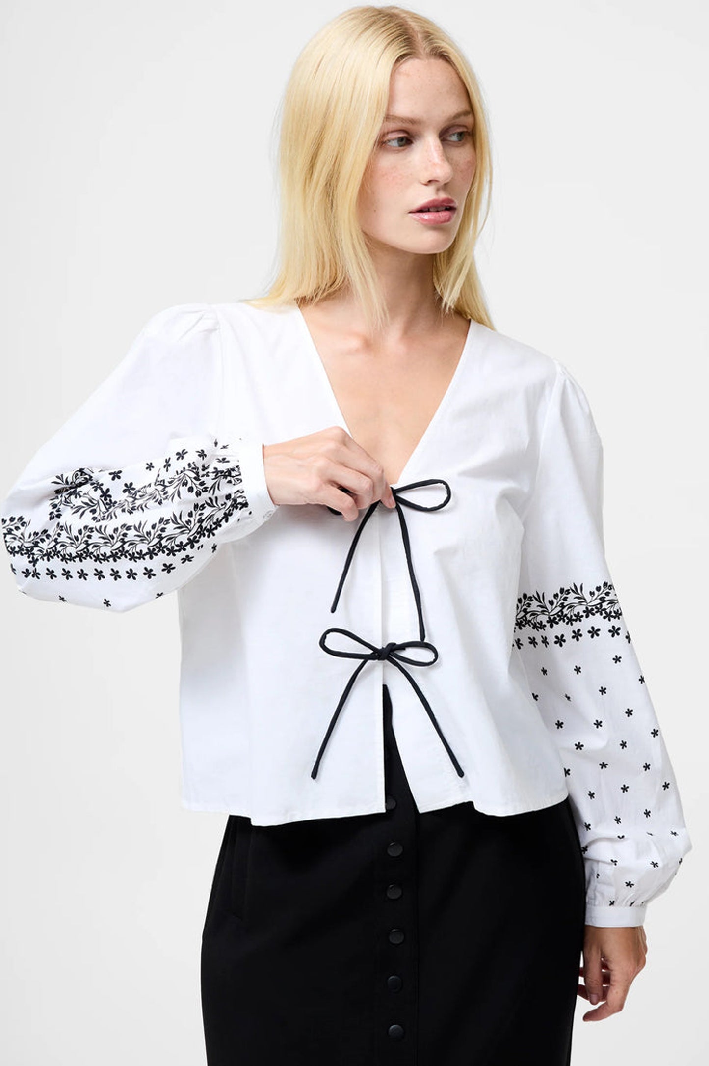 French Connection Cambria Cotton Floral Sleeve Tie Up Shirt