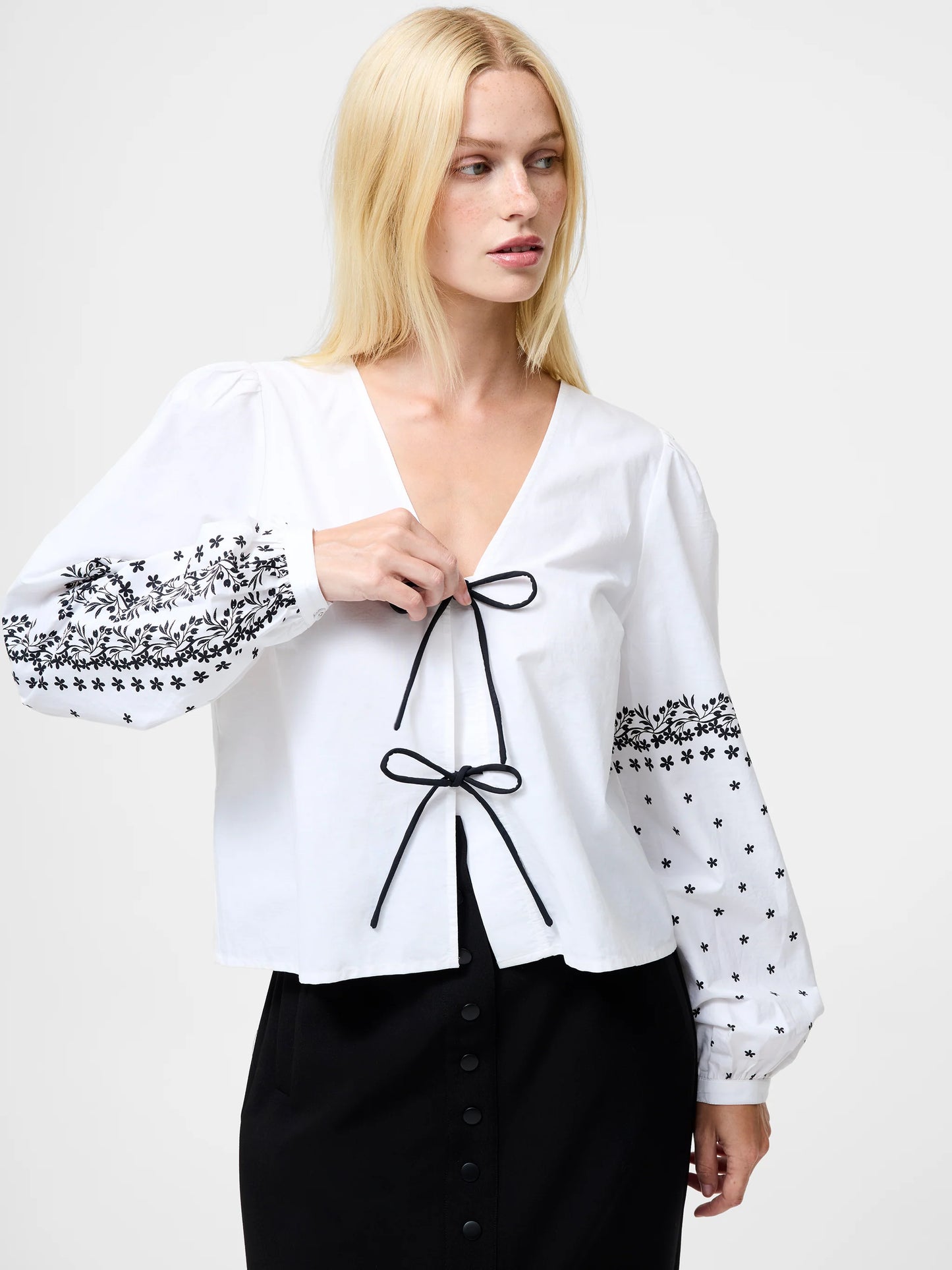 French Connection Cambria Cotton Floral Sleeve Tie Up Shirt