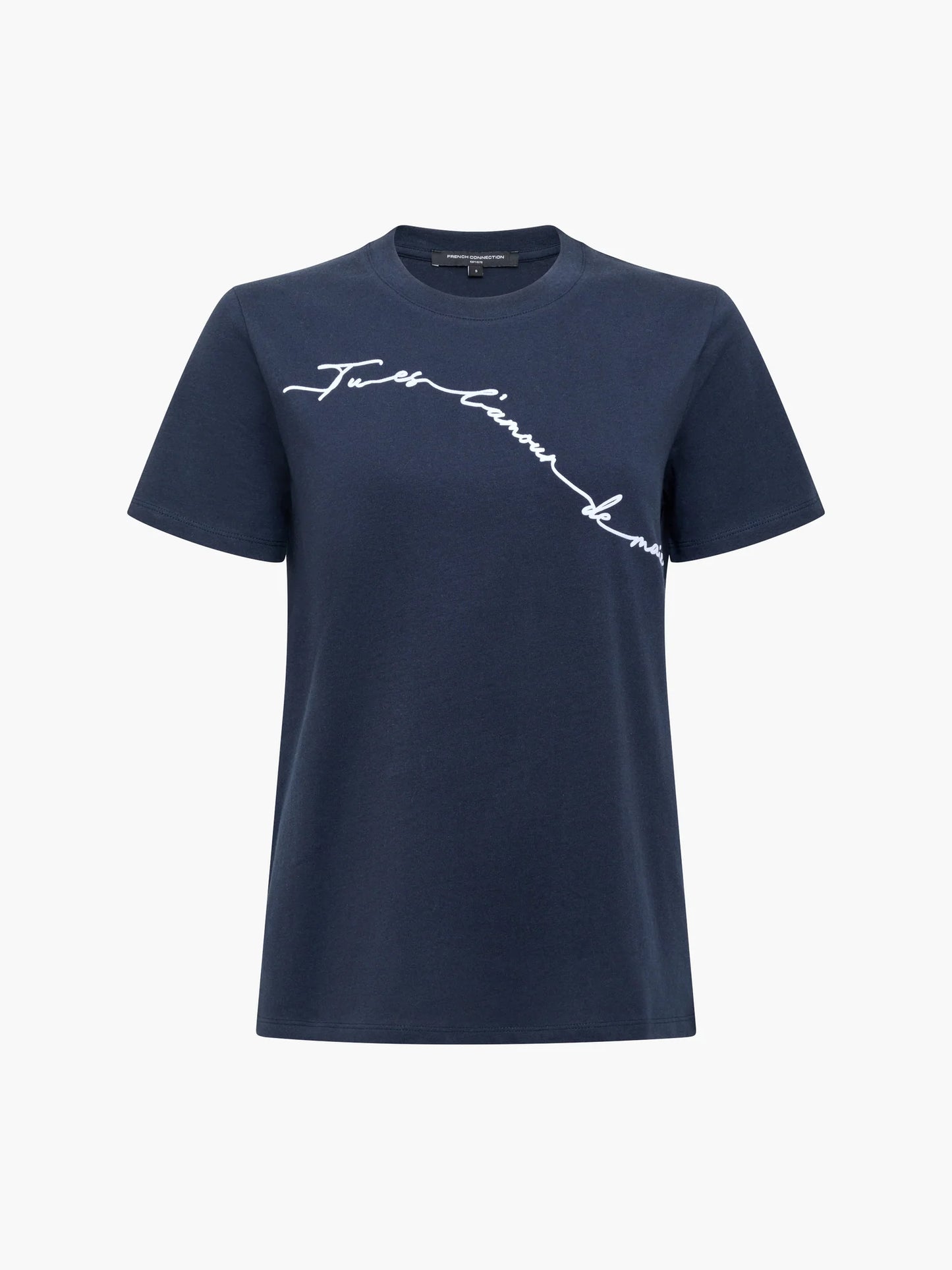 French Connection Love Of My Life Flocked Script Navy Blue Cotton T-Shirt