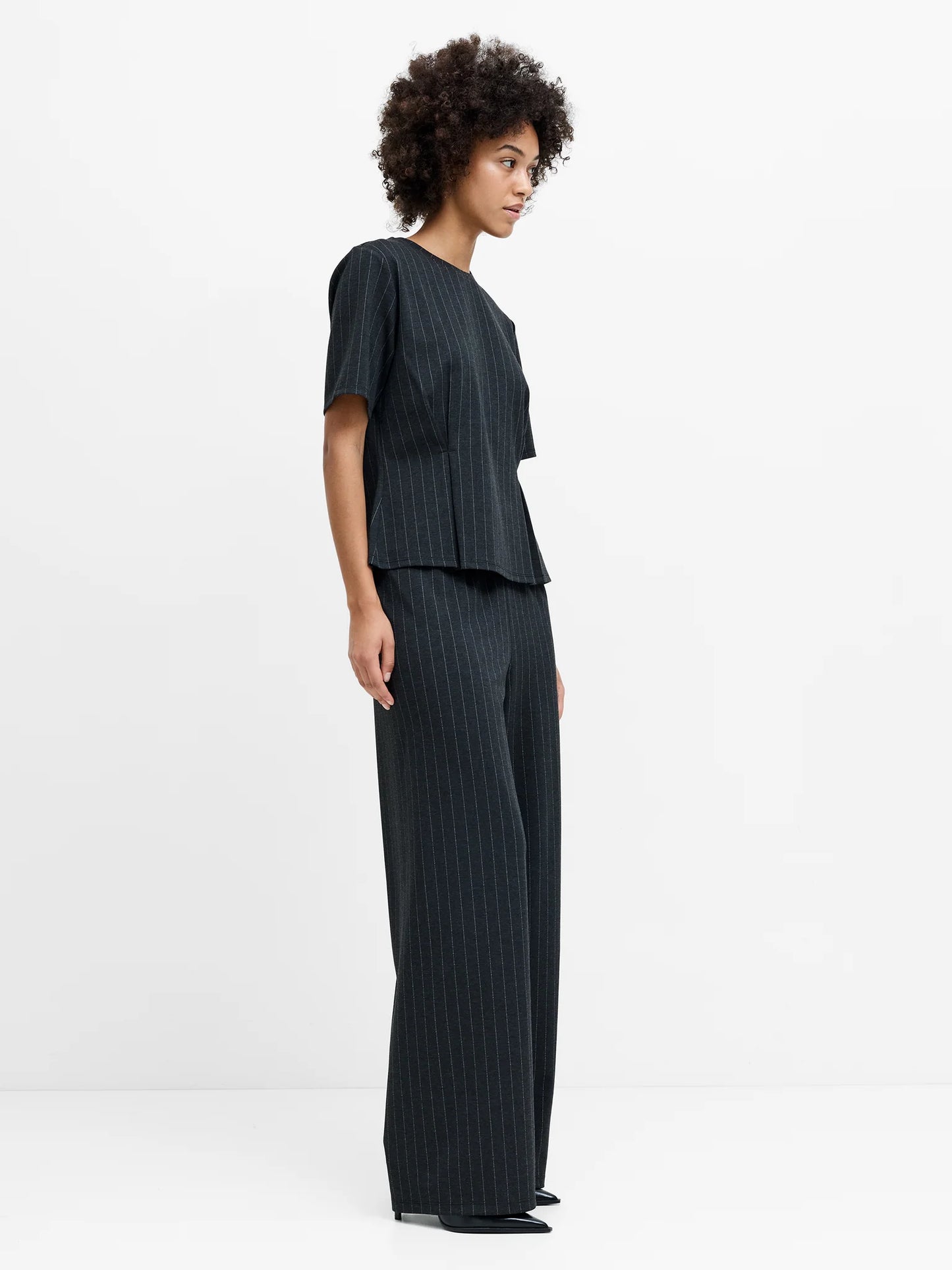 French Connection Sarai Grey Pinstripe Pleat Detail T-Shirt