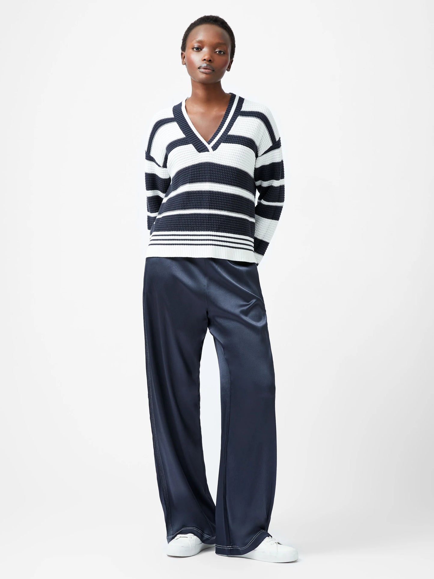 French Connection Lily Mozart Striped Varsity V-Neck Jumper
