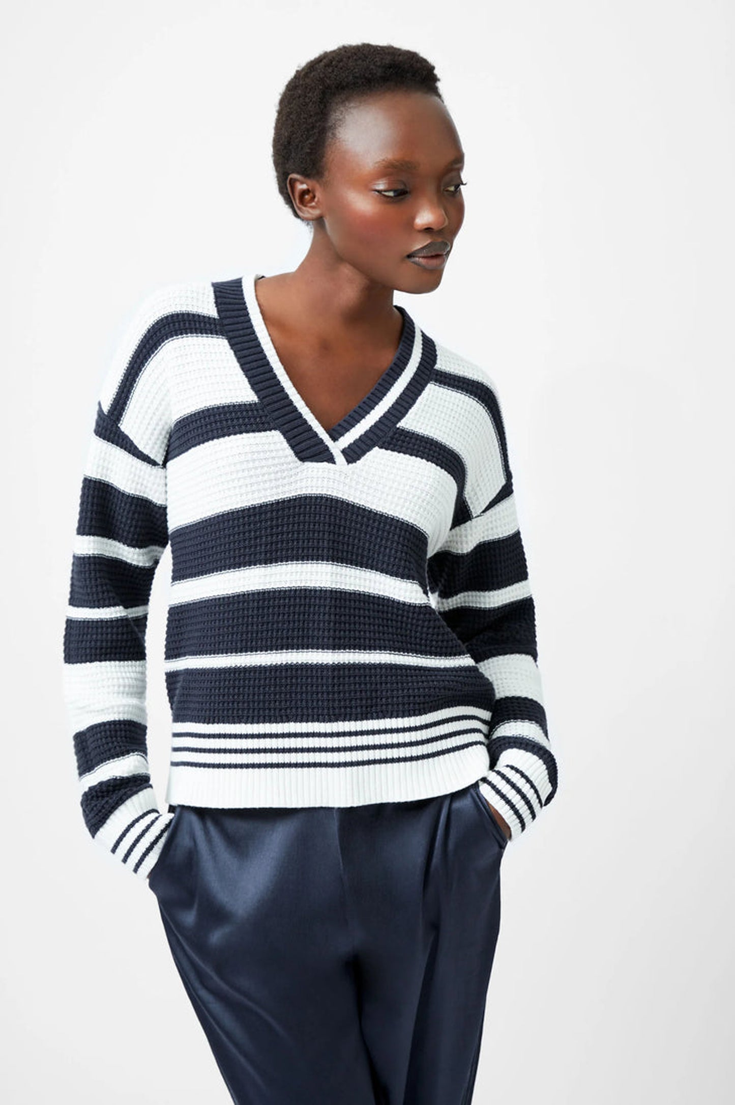 French Connection Lily Mozart Striped Varsity V-Neck Jumper