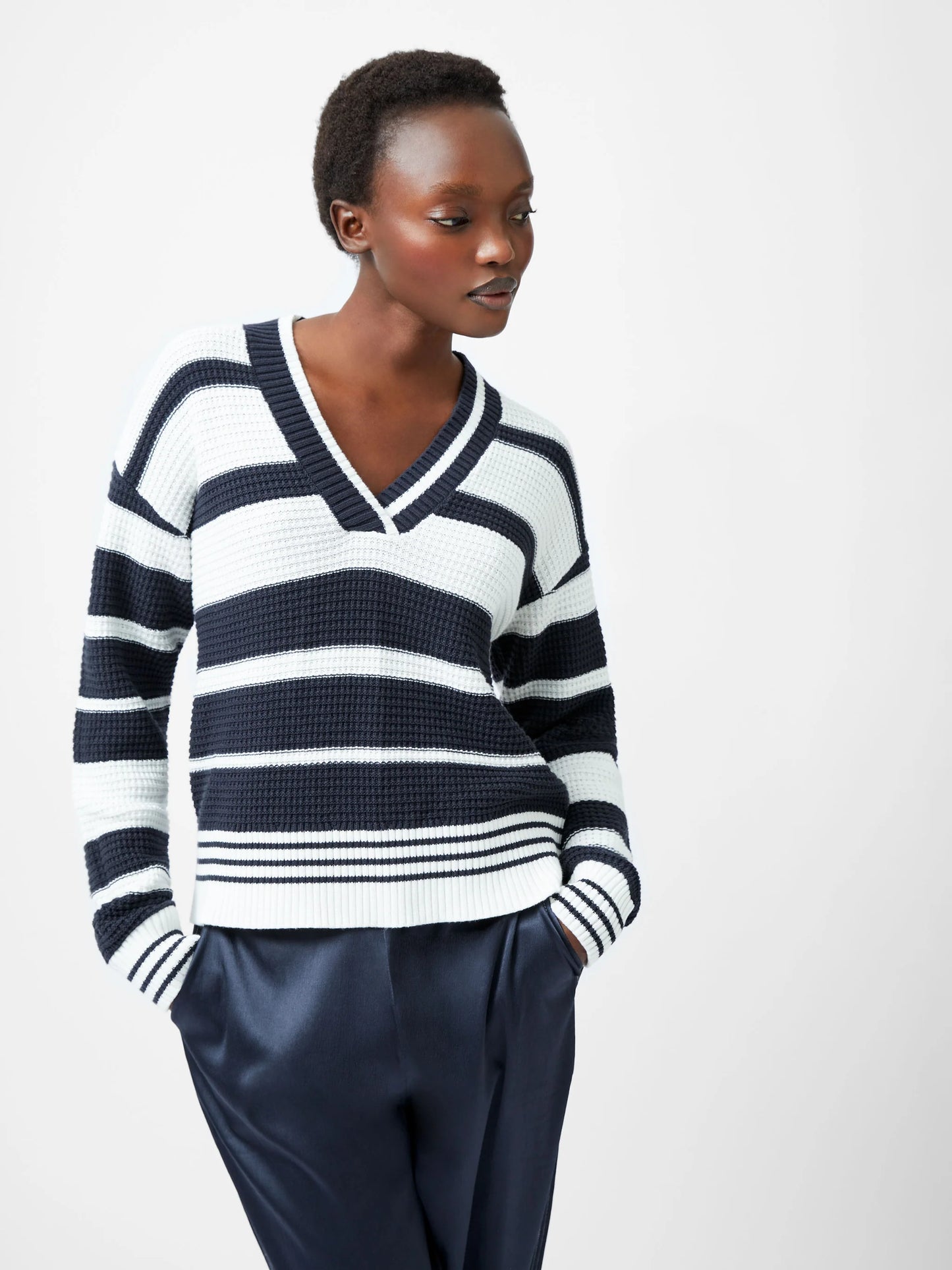 French Connection Lily Mozart Striped Varsity V-Neck Jumper