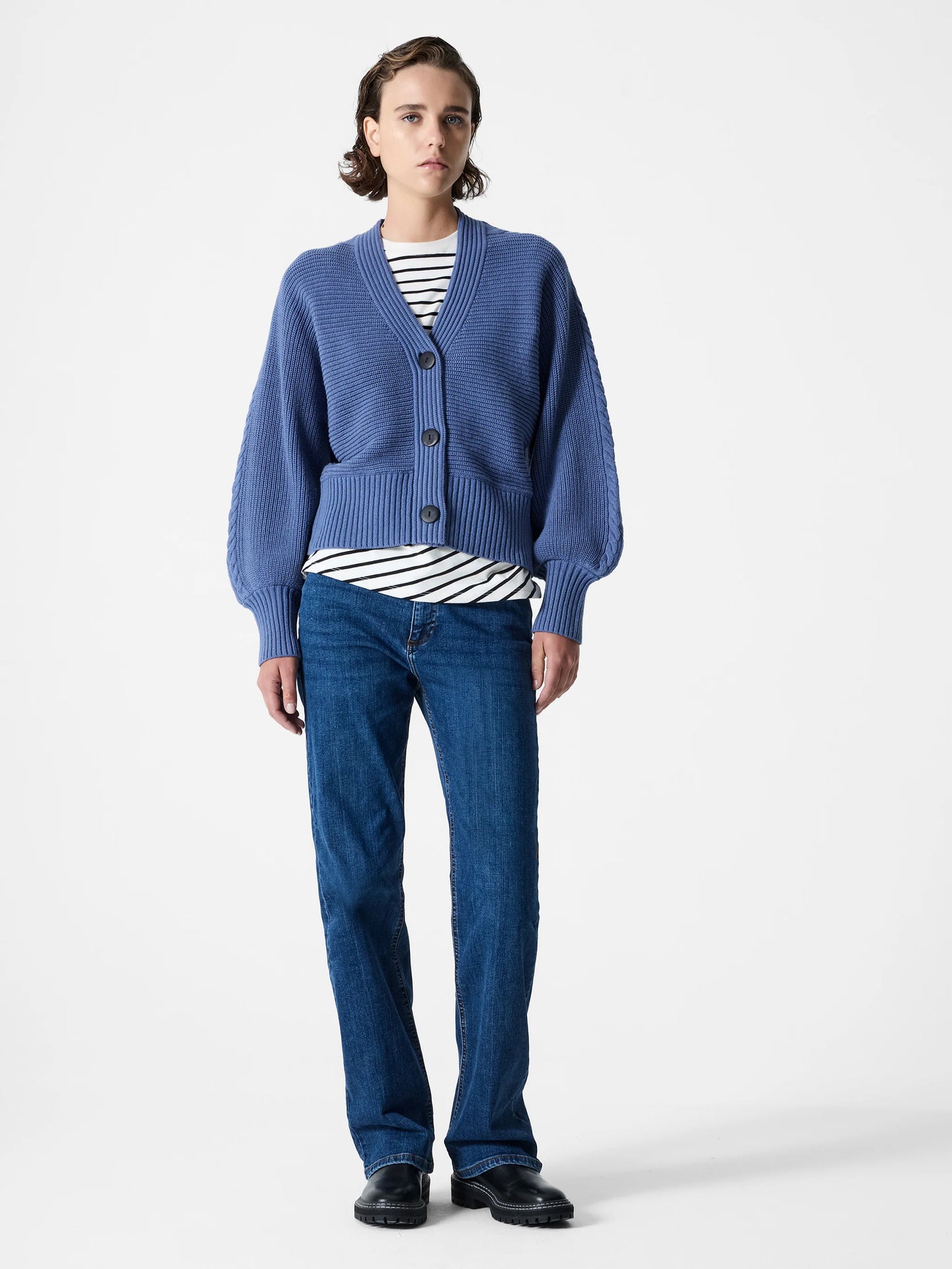 French Connection Tonia Knit V Neck Cable Sleeve Cardigan
