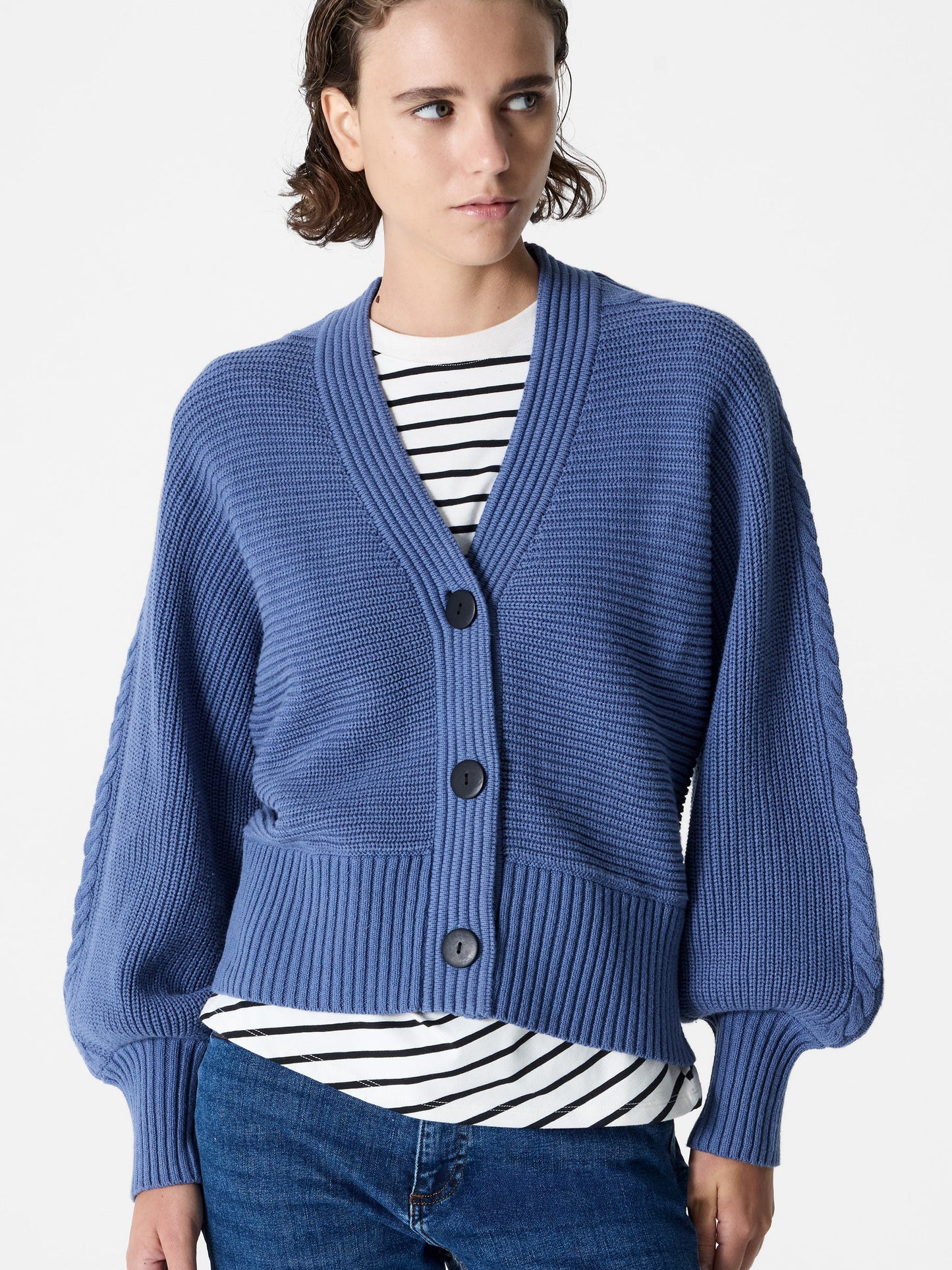 French Connection Tonia Knit V Neck Cable Sleeve Cardigan