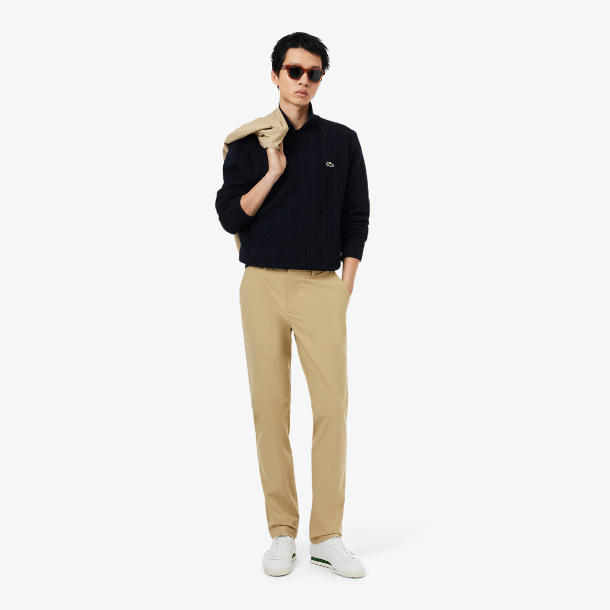 Lacoste Cable Knit Wool Crew Neck Sweater Blue