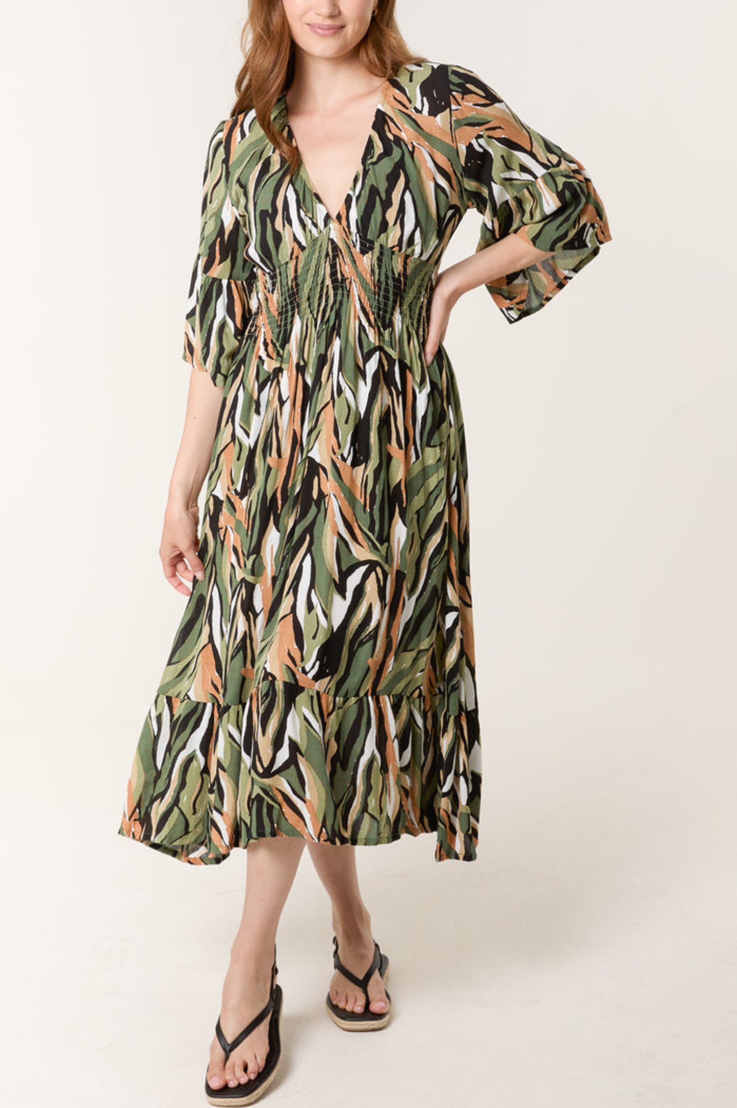 Nova of London Abstract V-Neck Shirred Bust Dress