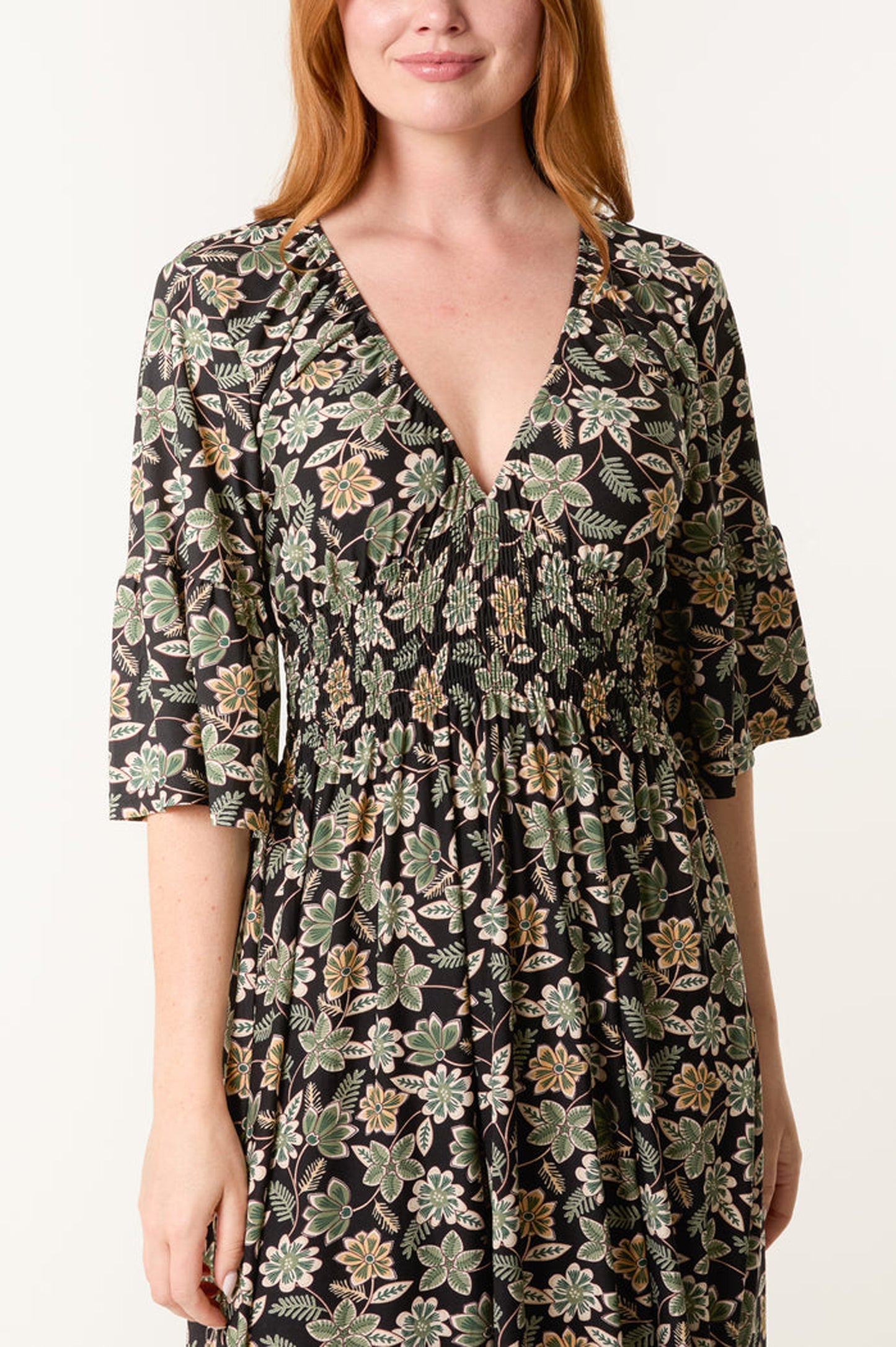 Nova of London Leaf Print V-Neck Stretch Dress