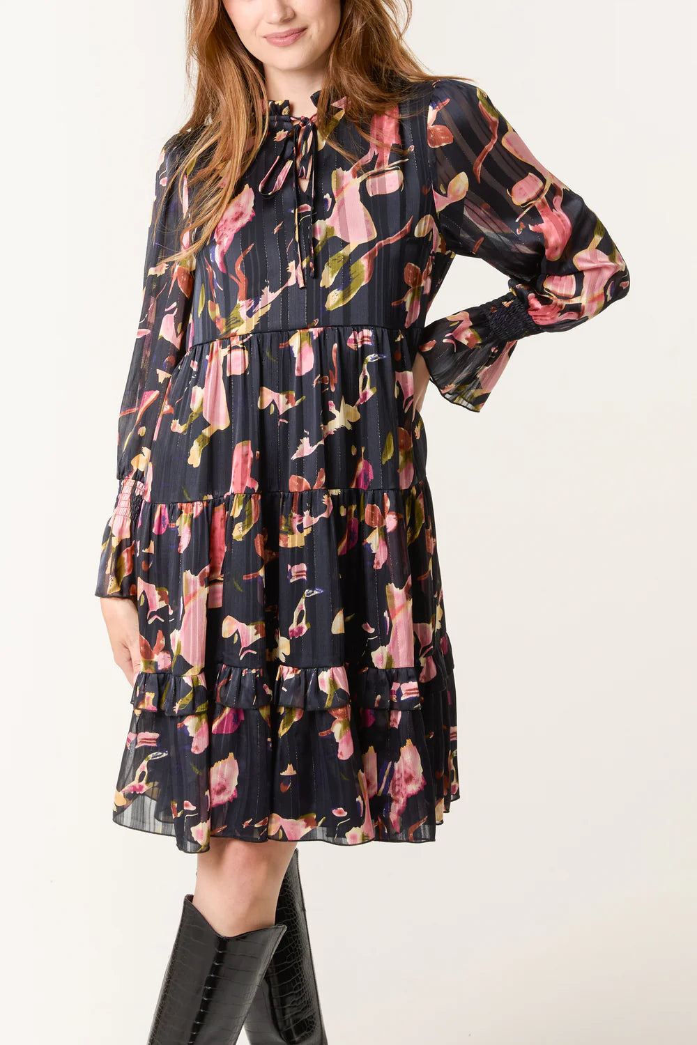 Nova of London Tie Neck Floral Chiffon Smock Dress