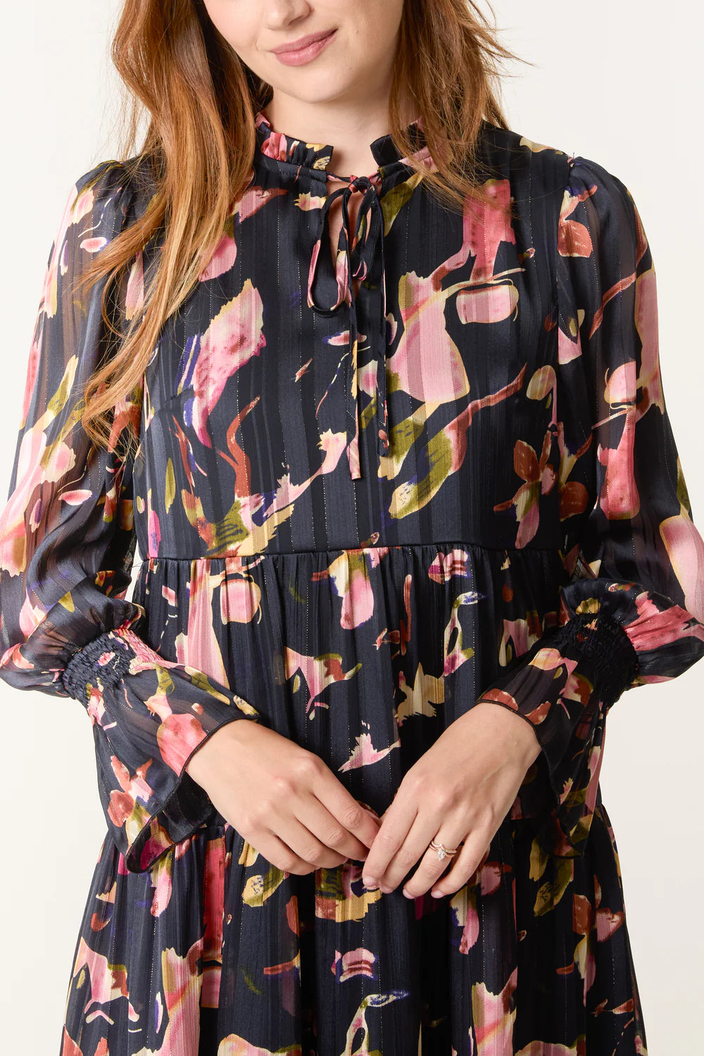 Nova of London Tie Neck Floral Chiffon Smock Dress