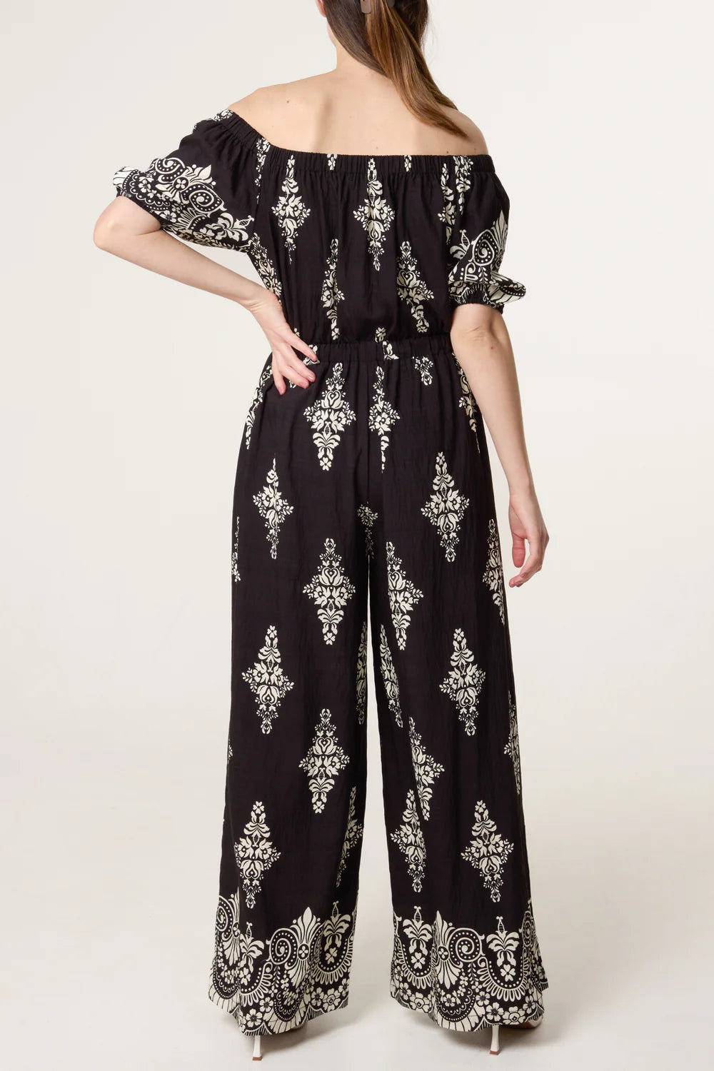 Nova of London Damask Print Bardot Wide Leg Jumpsuit