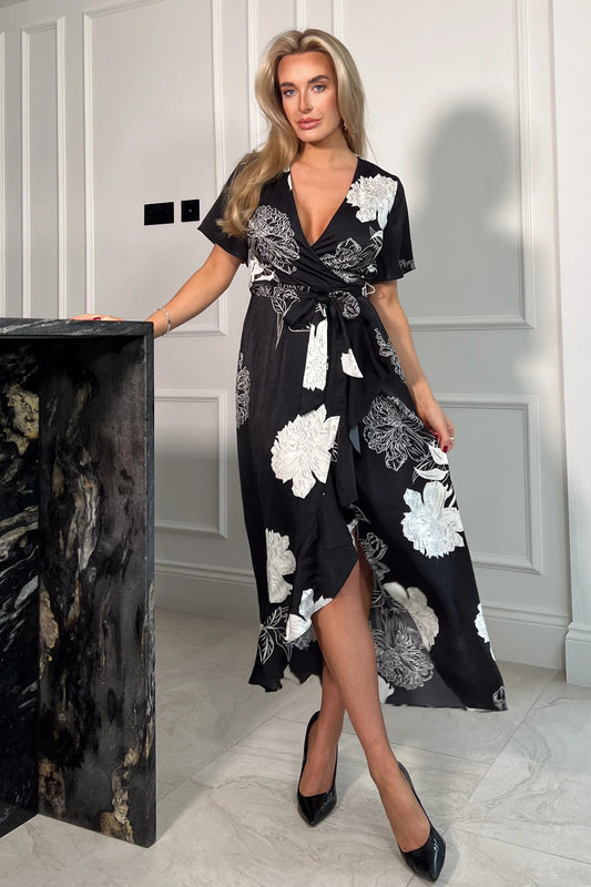 Girl in Mind Farrah Black and White Floral Frill Detail Maxi Dress