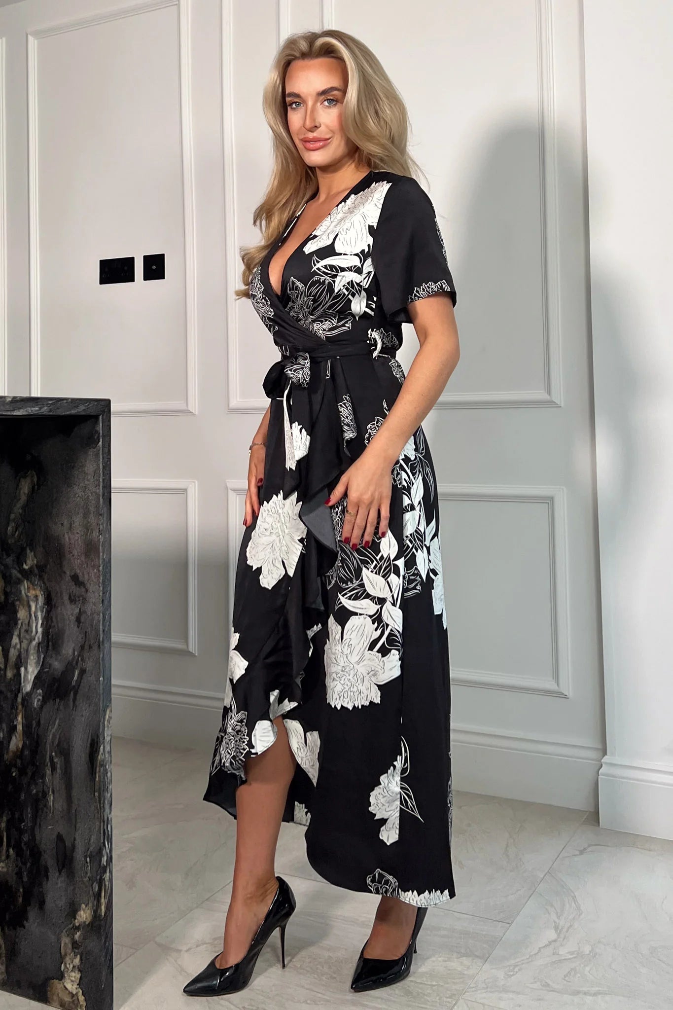 Girl in Mind Farrah Black and White Floral Frill Detail Maxi Dress