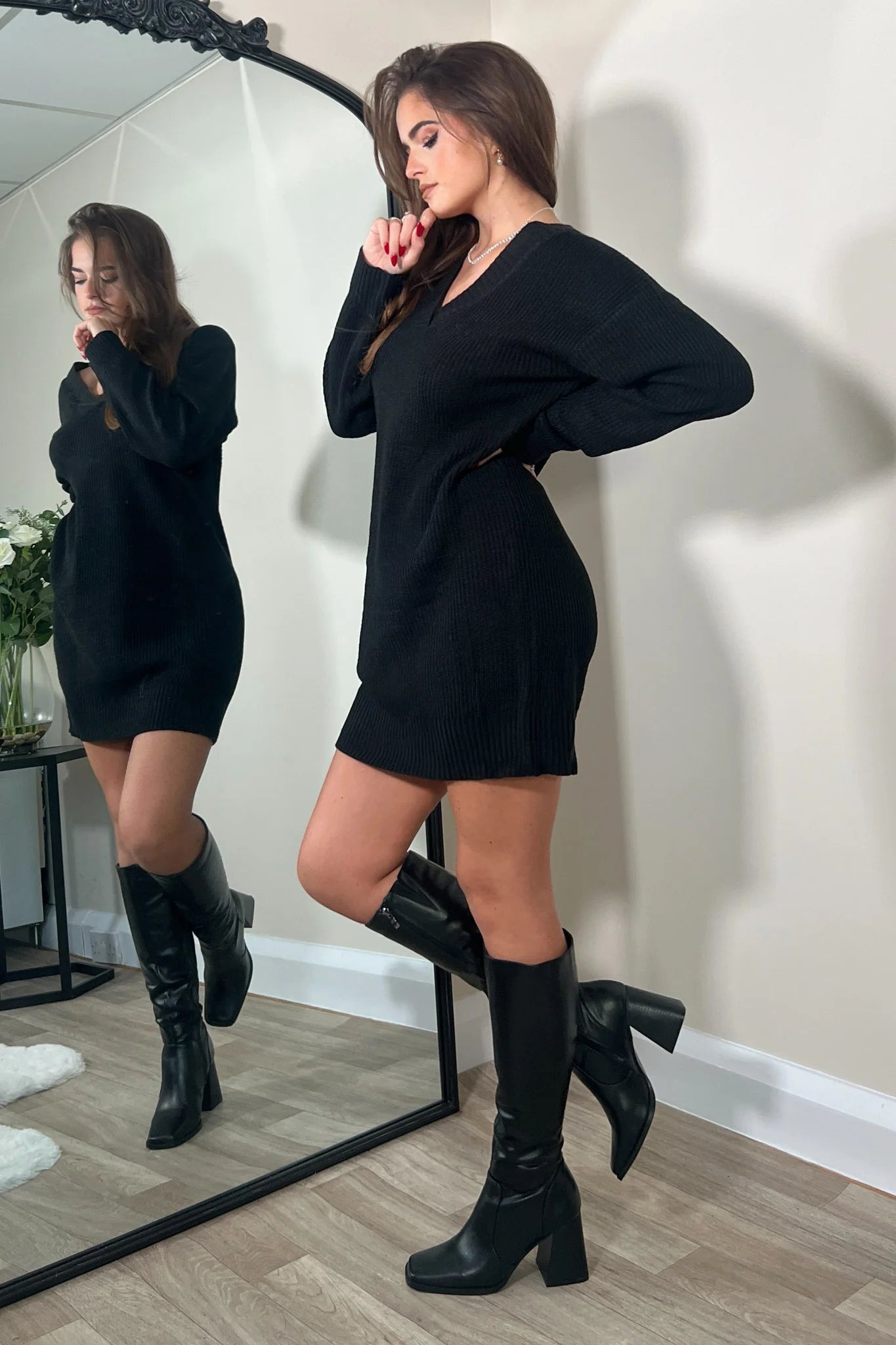 Girl in Mind Victoria V Neck Long Sleeve Knitted Mini Dress Black