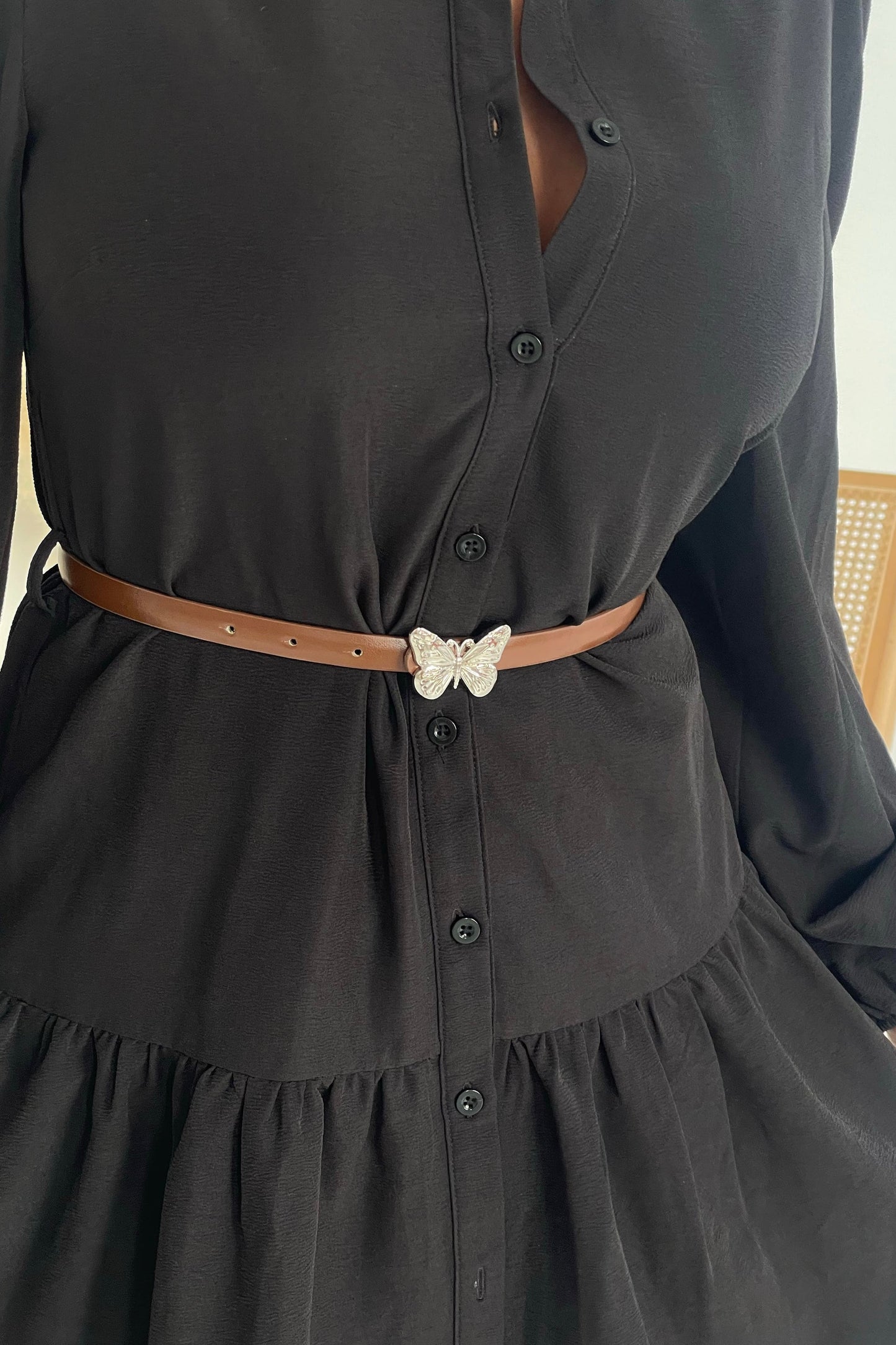 Girl in Mind Cathy Butterfly Belt Mini Shirt Dress Black