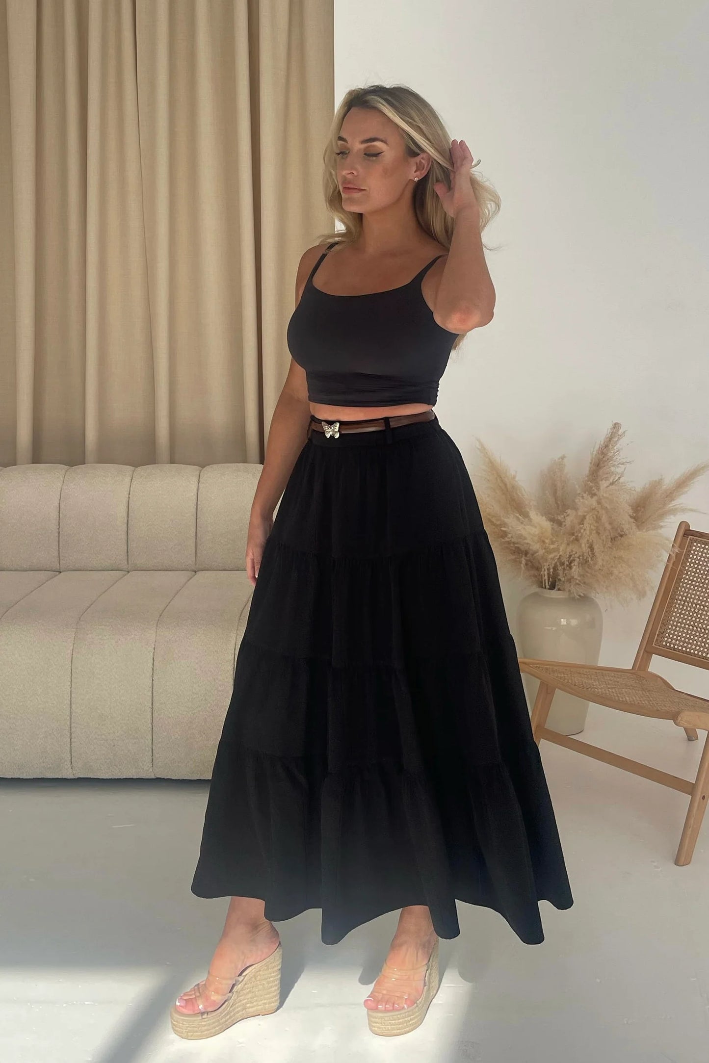 Girl in Mind Catlin Black Tiered Butterfly Belt Maxi Skirt