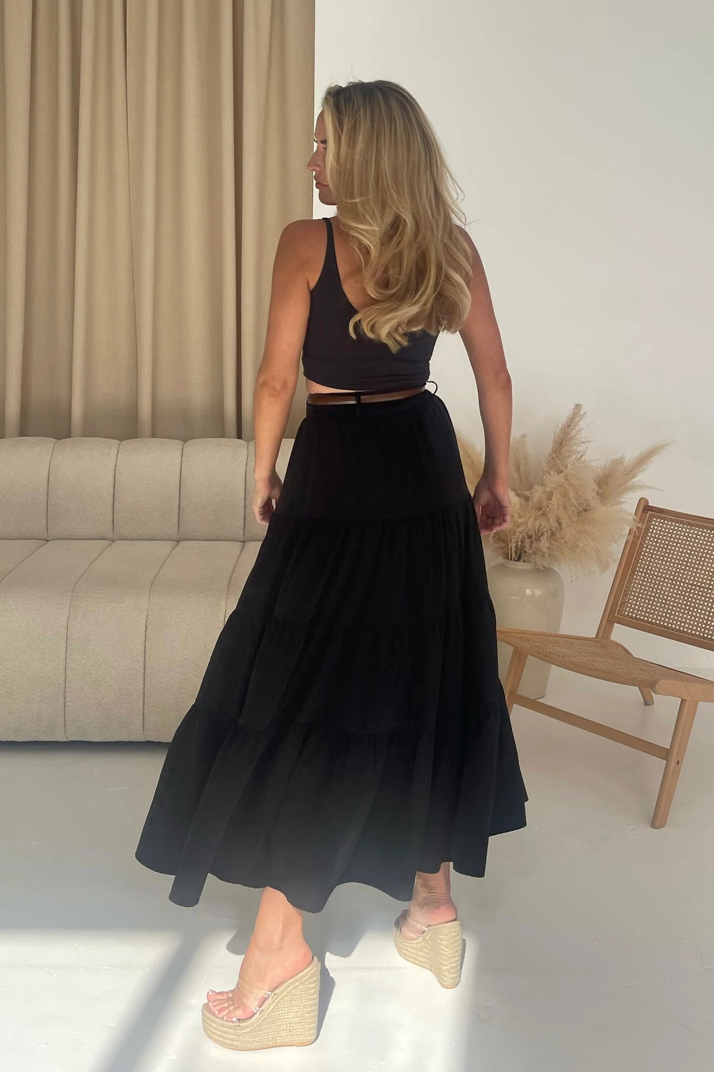 Girl in Mind Catlin Black Tiered Butterfly Belt Maxi Skirt