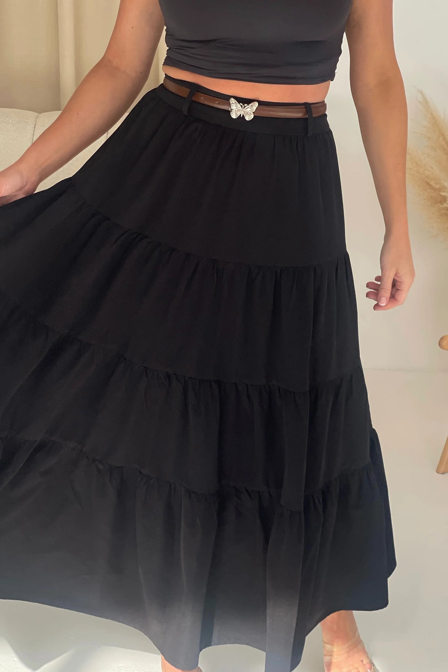 Girl in Mind Catlin Black Tiered Butterfly Belt Maxi Skirt