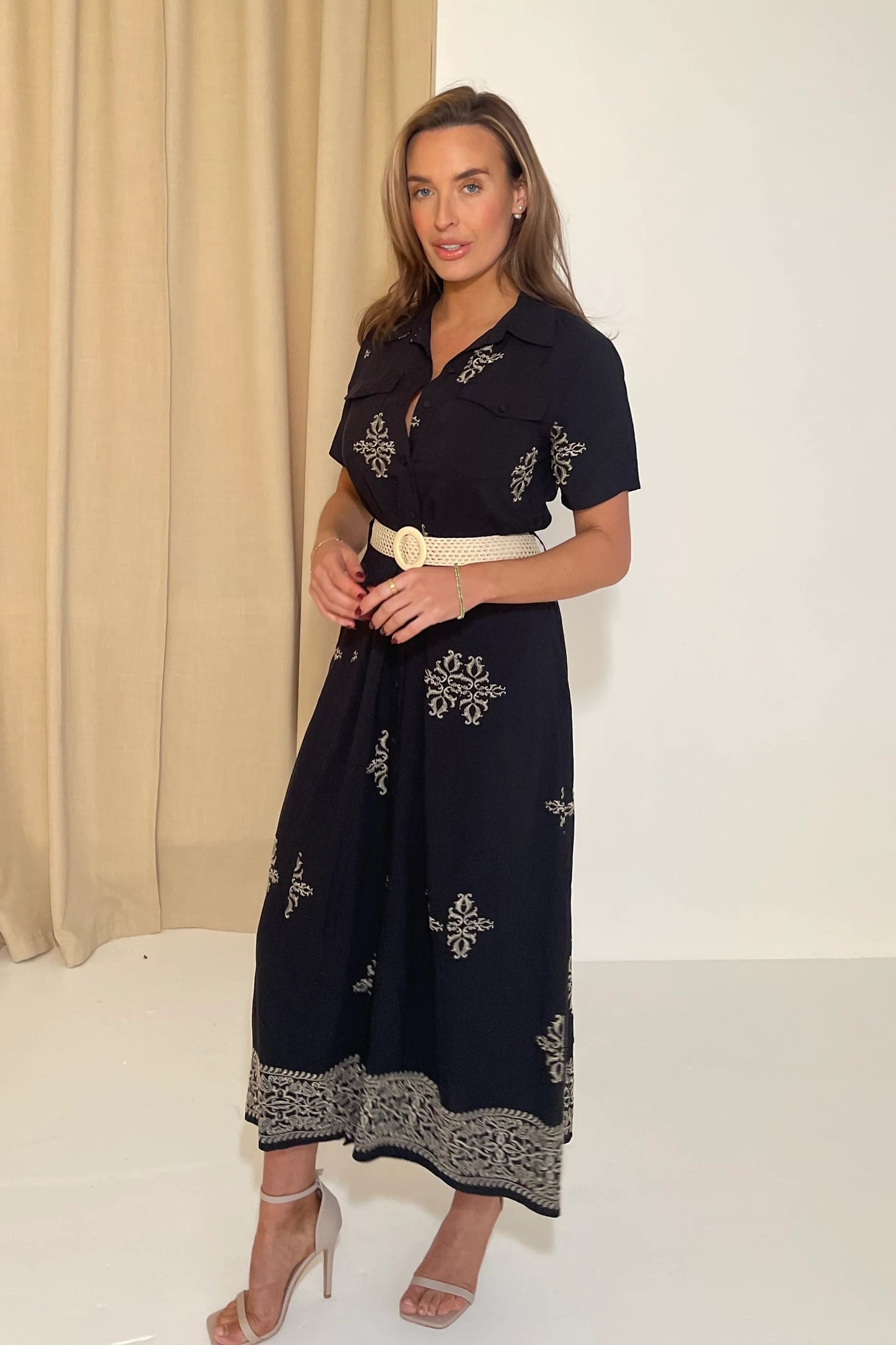 Girl in Mind Solène Embroidered Short Sleeve Shirt Dress Black