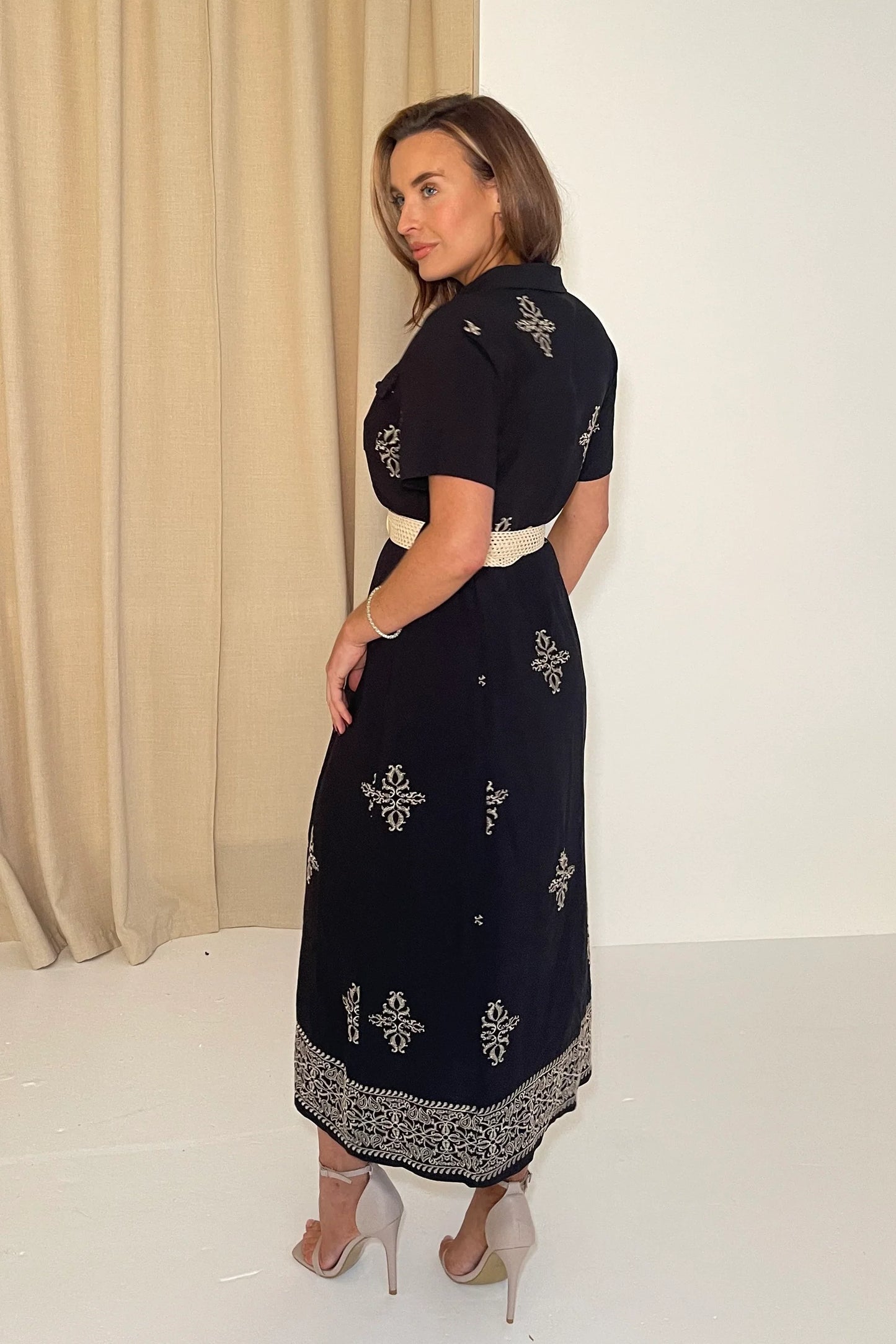 Girl in Mind Solène Embroidered Short Sleeve Shirt Dress Black