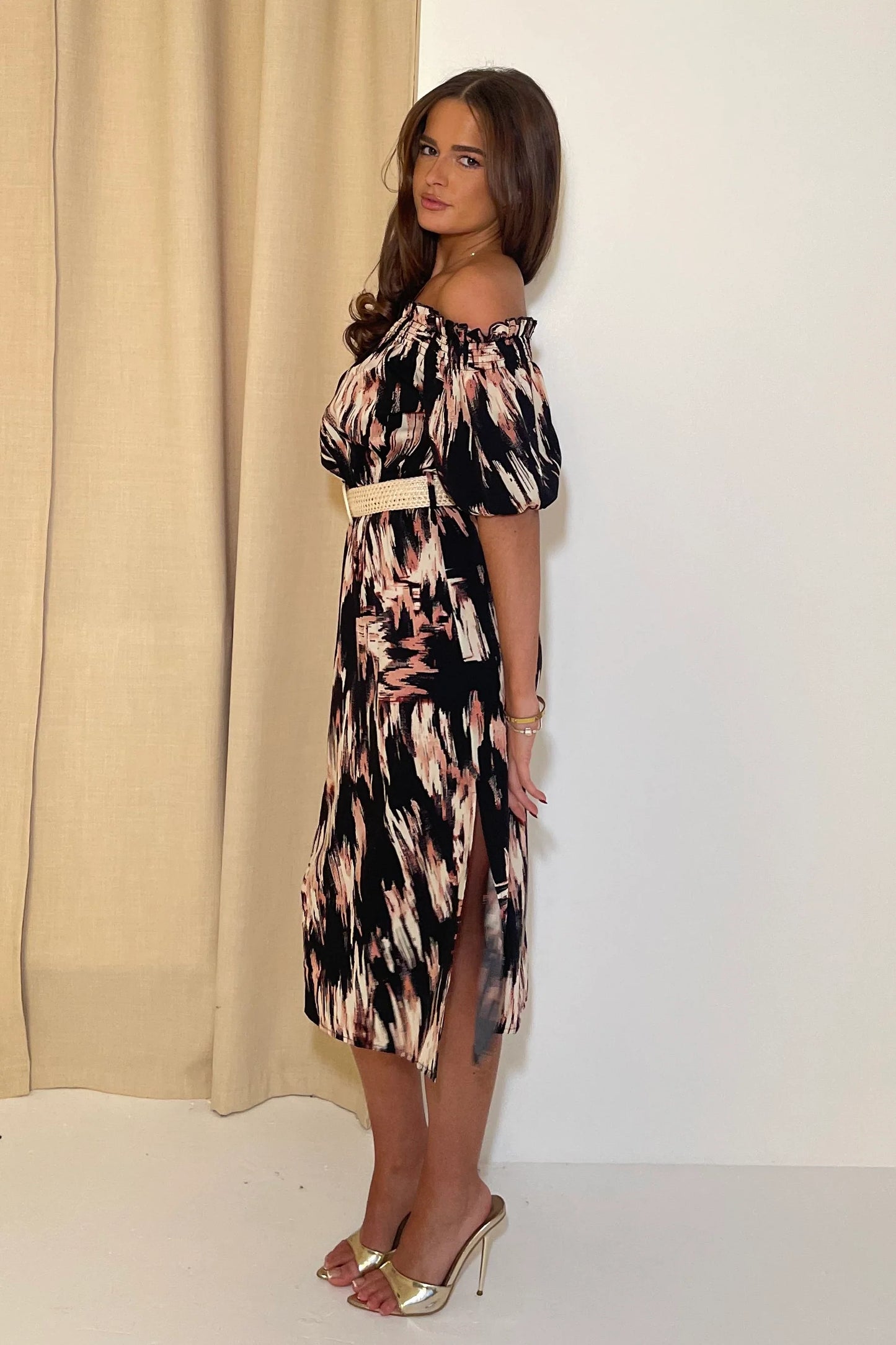 Girl in Mind Jordana Off the Shoulder Midi Dress Brown Abstract