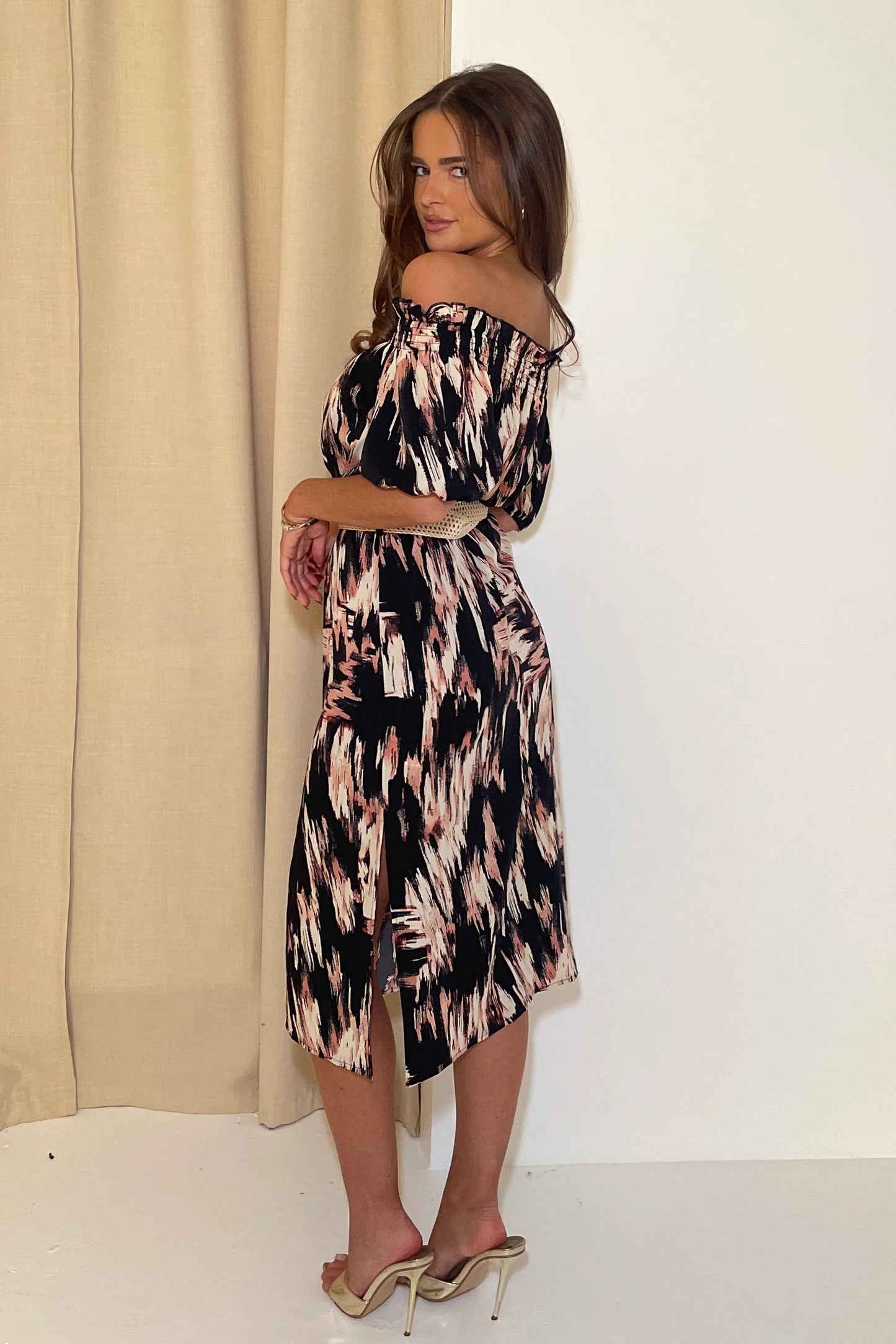 Girl in Mind Jordana Off the Shoulder Midi Dress Brown Abstract