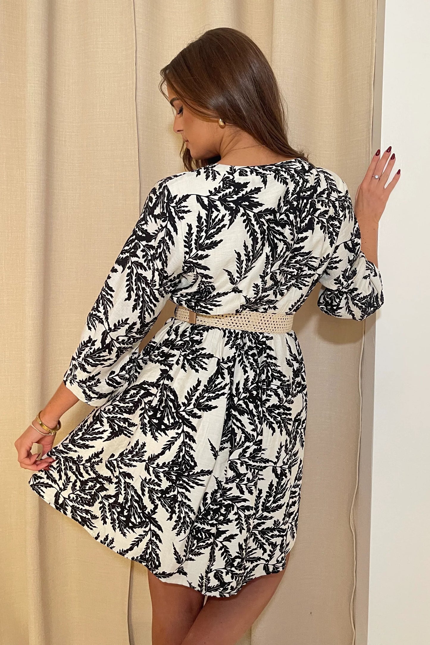 Girl in Mind Billy Belted 3/4 Sleeve Mini Shirt Dress In Mono Floral