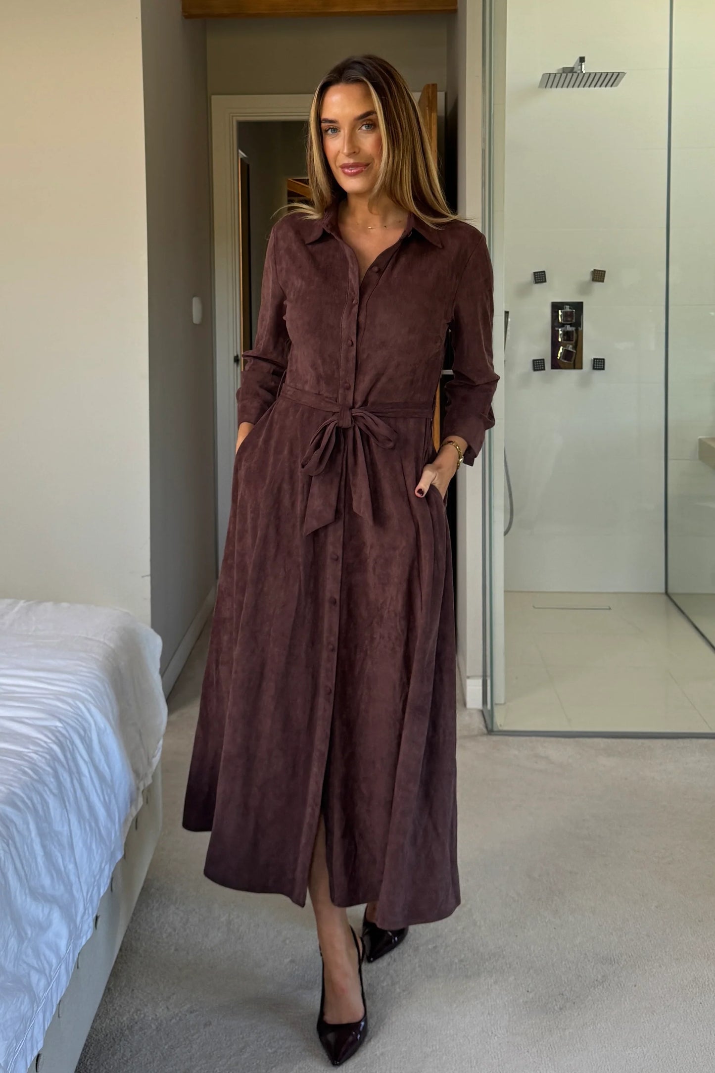 Girl in Mind Angela Maxi Shirt Dress Chocolate Suede
