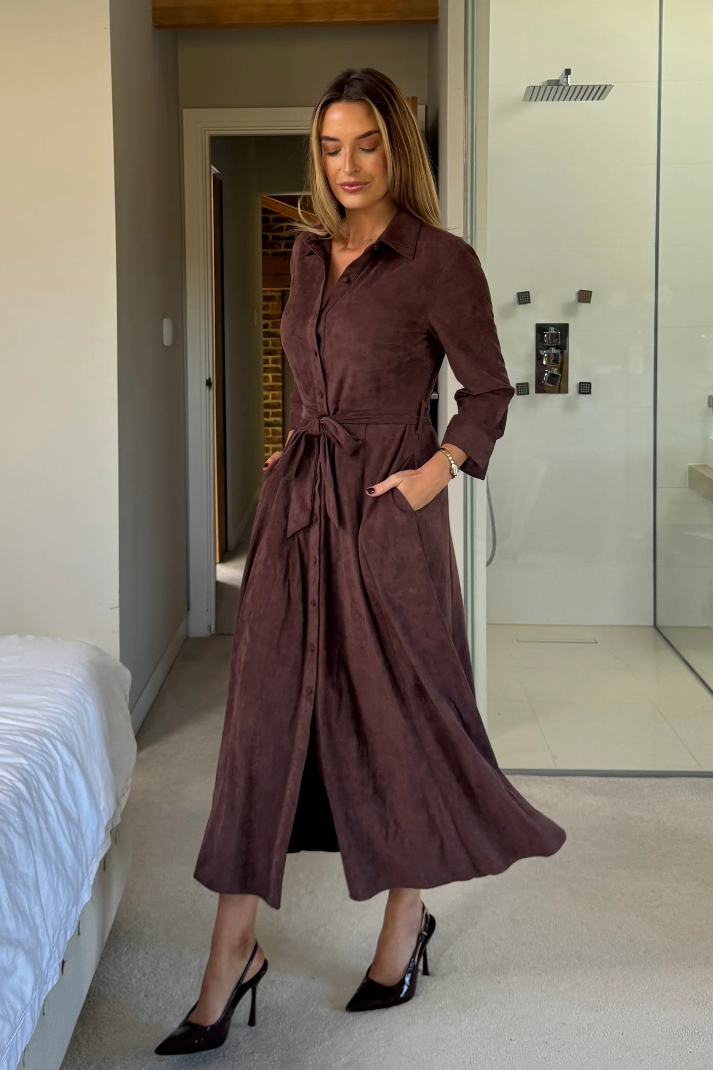Girl in Mind Angela Maxi Shirt Dress Chocolate Suede