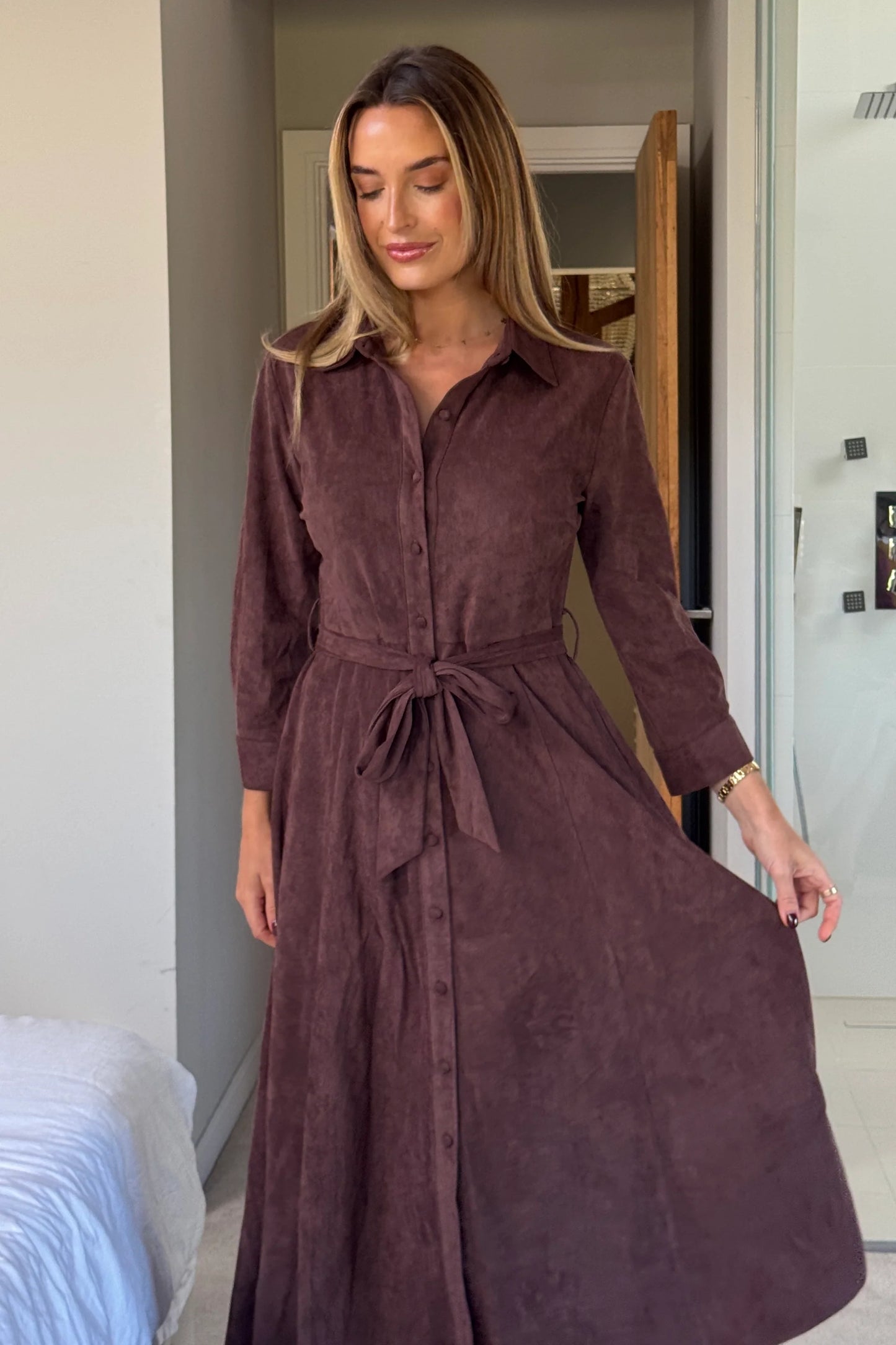 Girl in Mind Angela Maxi Shirt Dress Chocolate Suede