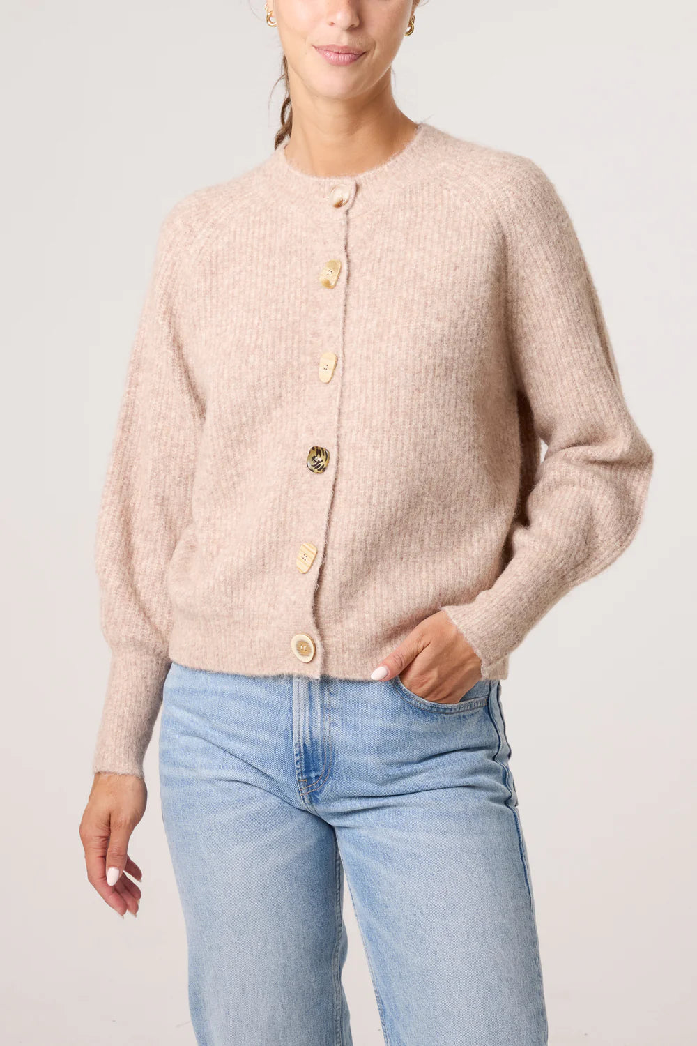 Nova of London Print Buttons Round Neck Knit Cardigan