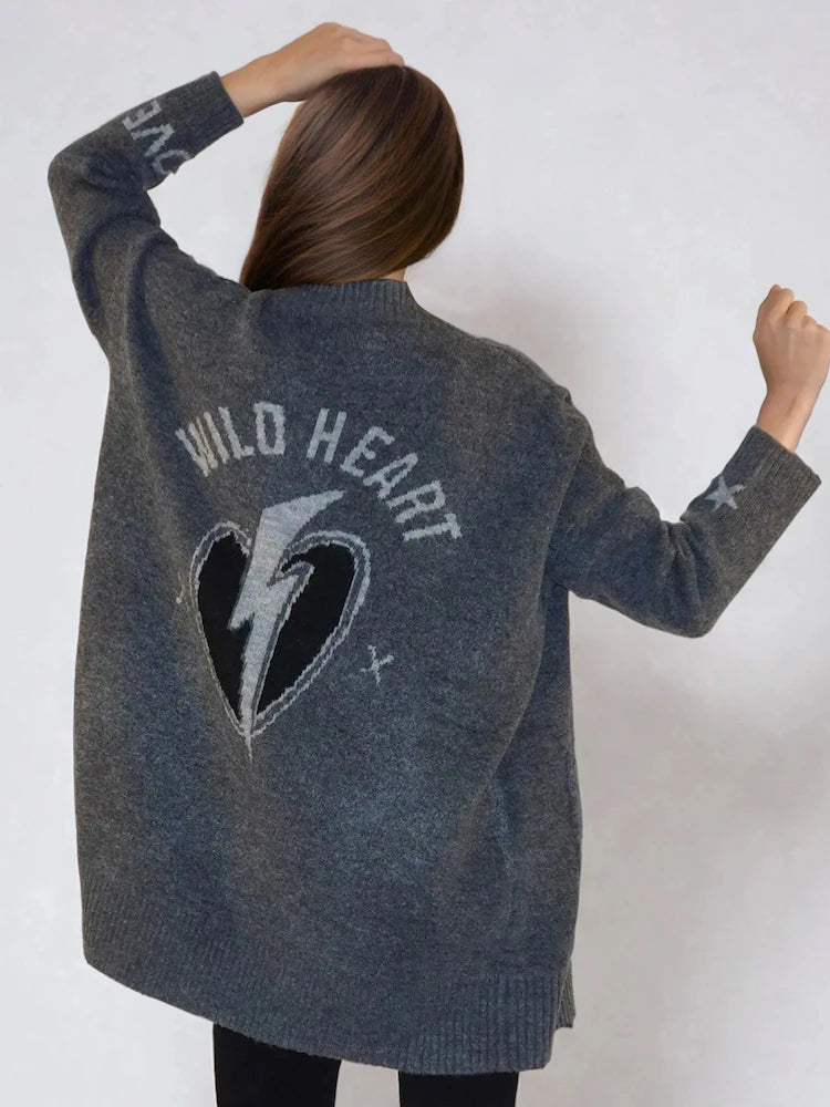 Religion Charcoal Grey Wild Heart Long Line Appliqué Cardigan