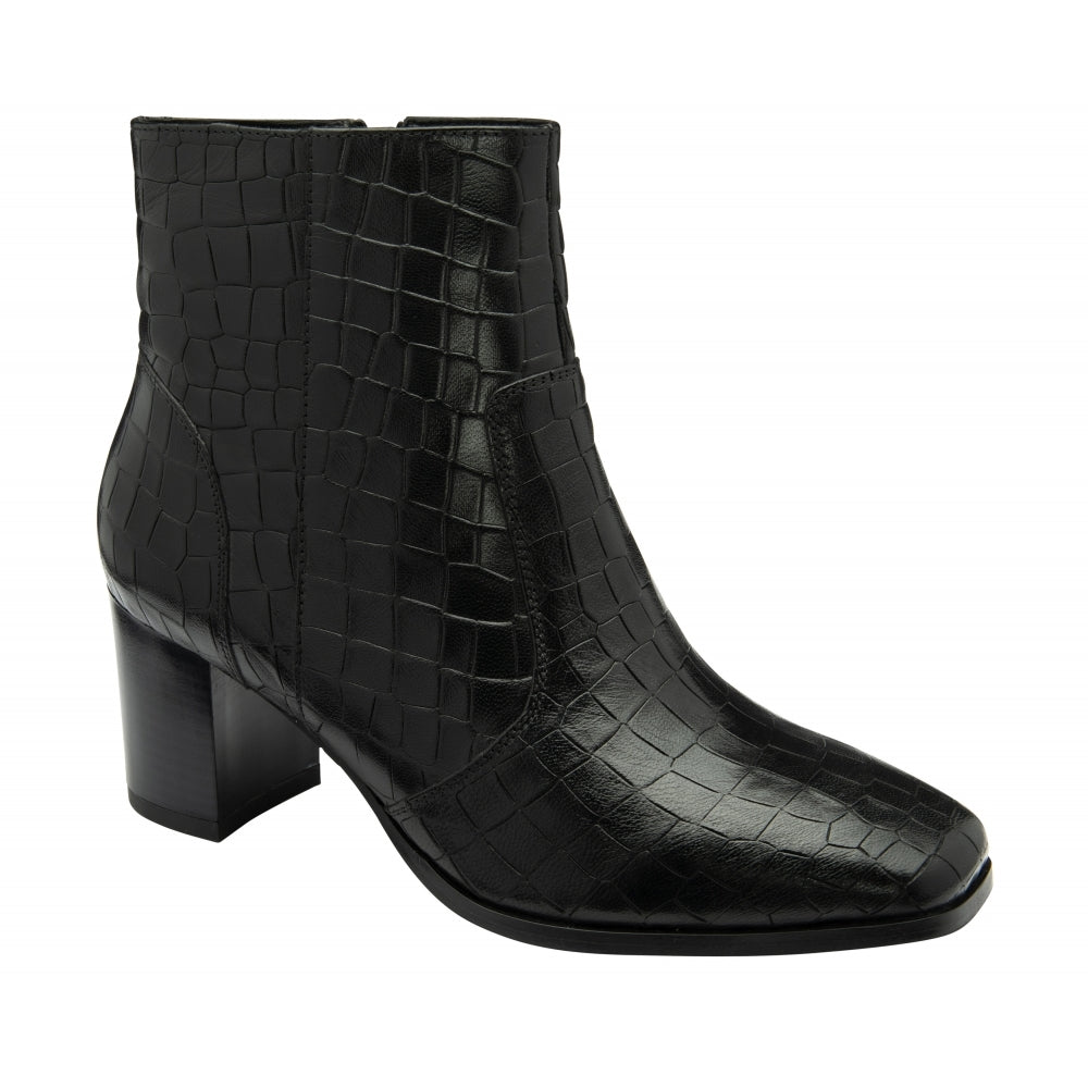 Black Croc-Print Leather Louth Heeled Ankle Boots | Ravel