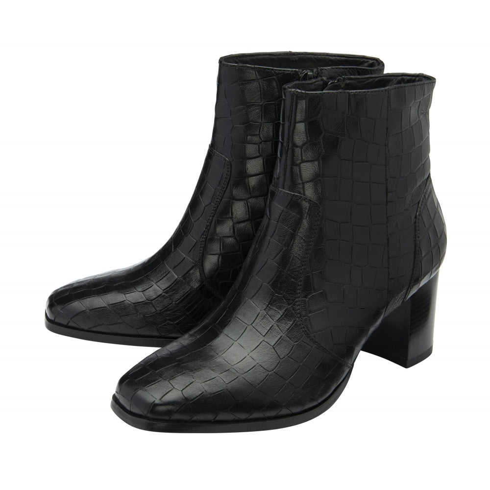 Black Croc-Print Leather Louth Heeled Ankle Boots | Ravel