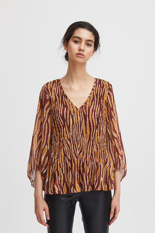 ICHI IHILLY BLOUSE WITH SHORT SLEEVE / BROWN ANIMAL