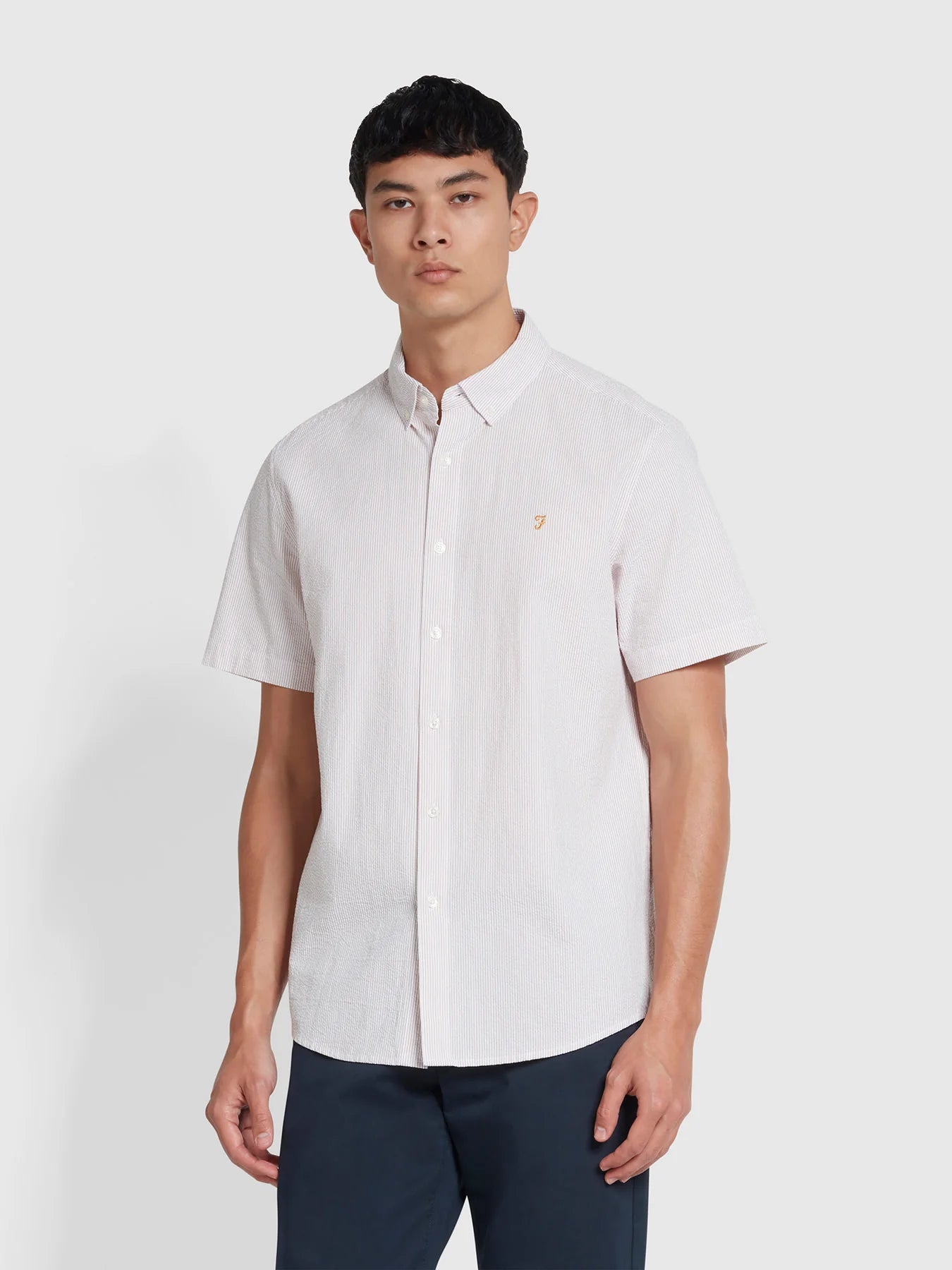 Farah Lewis Seersucker Stripe Organic Cotton Short Sleeve Shirt