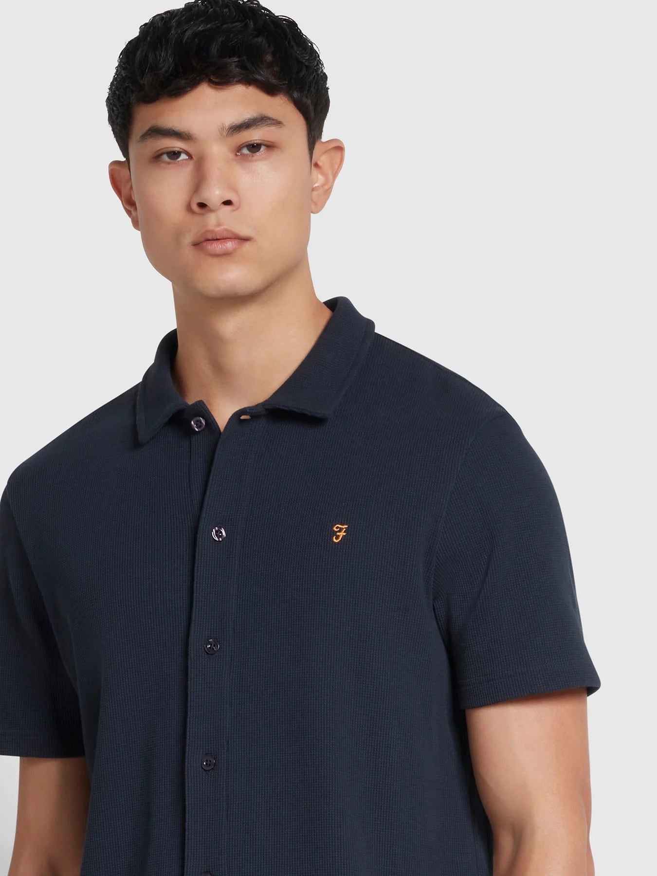 Farah Denny Button-Through Waffle Polo Shirt / True Navy