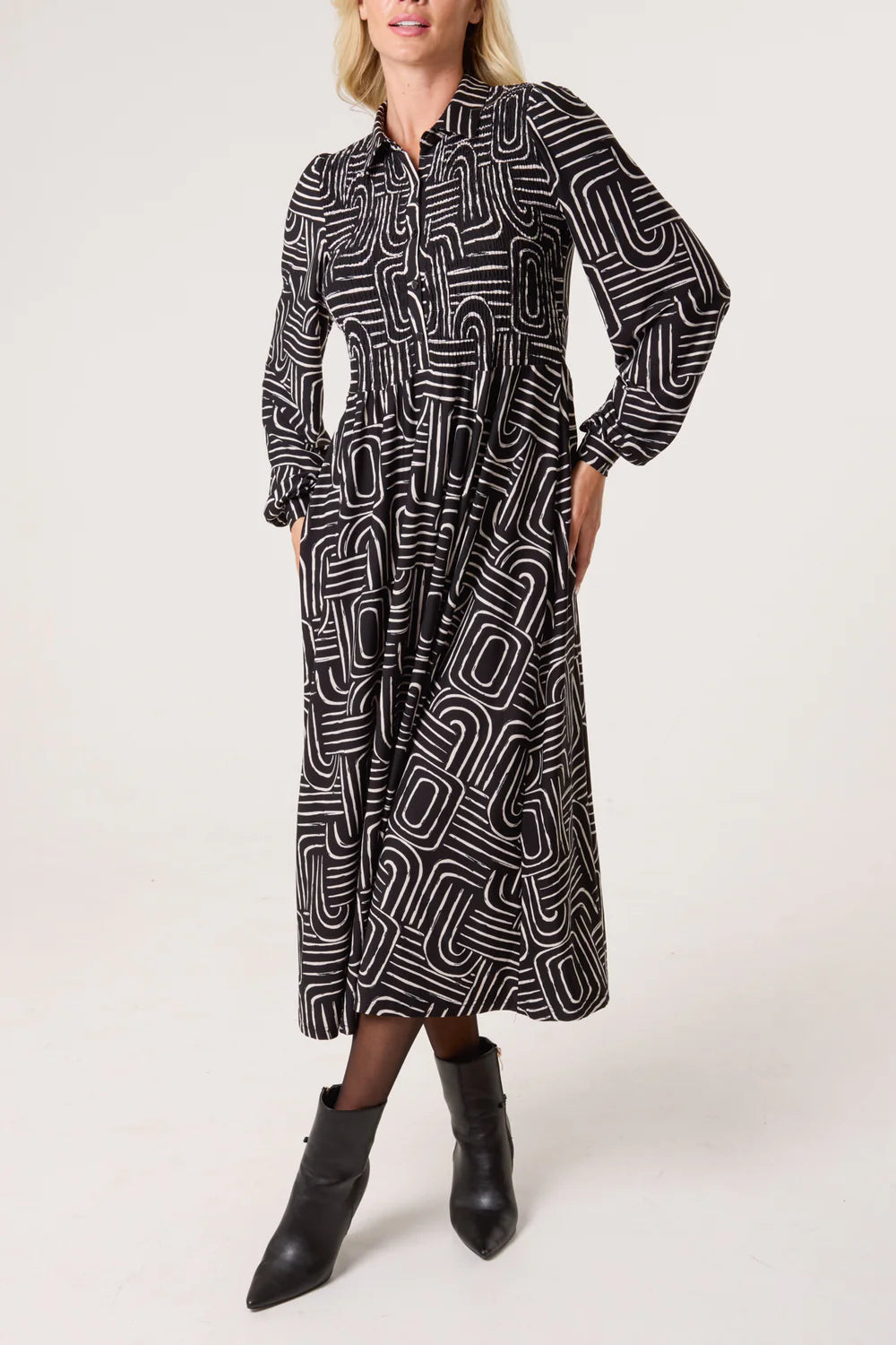 Nova of London Geo Swirl Shirred Button Stretch Dress
