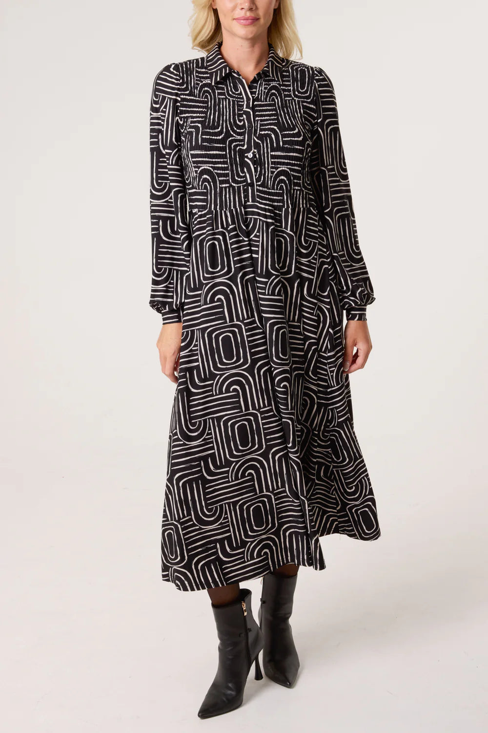 Nova of London Geo Swirl Shirred Button Stretch Dress