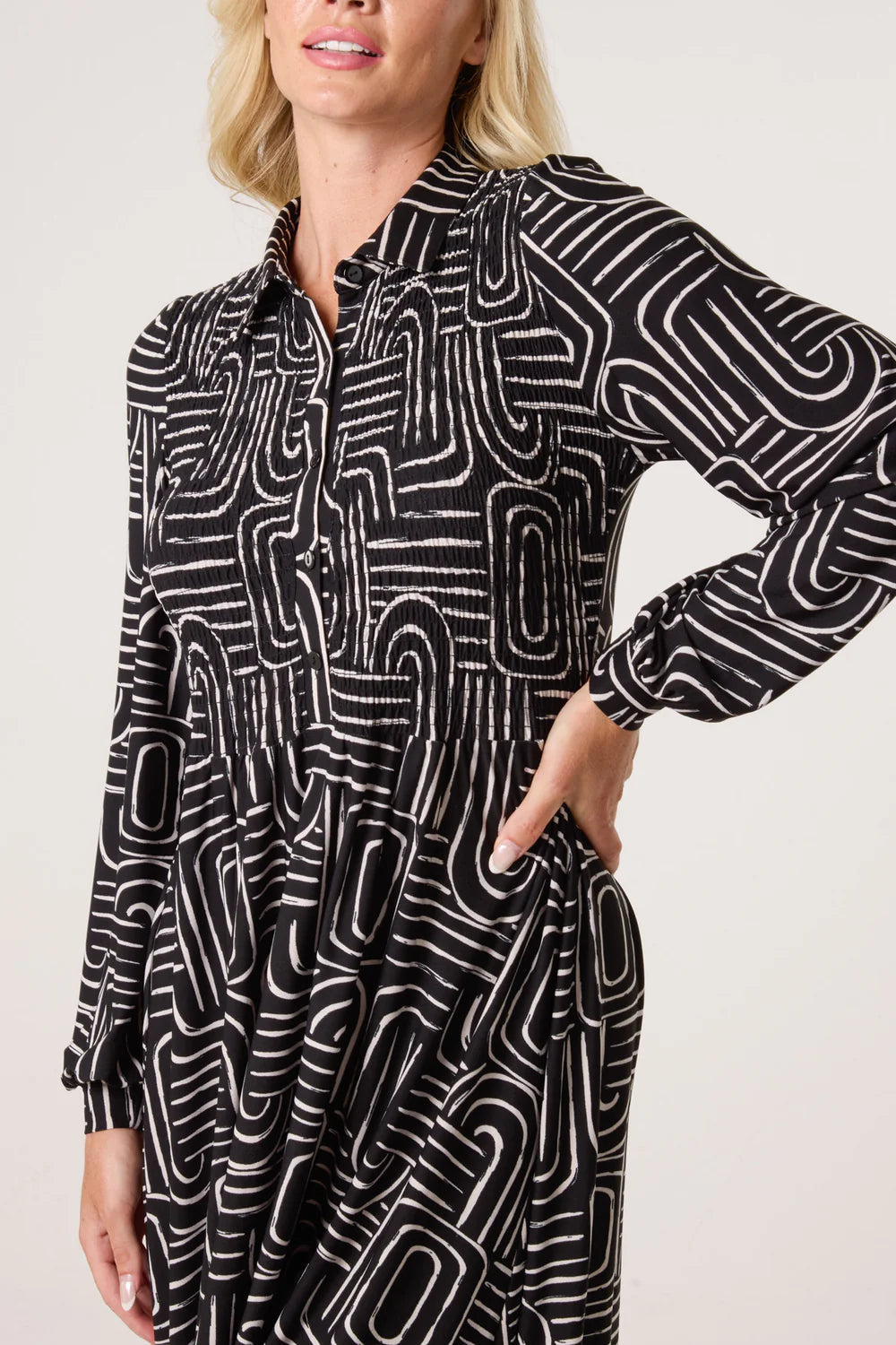 Nova of London Geo Swirl Shirred Button Stretch Dress