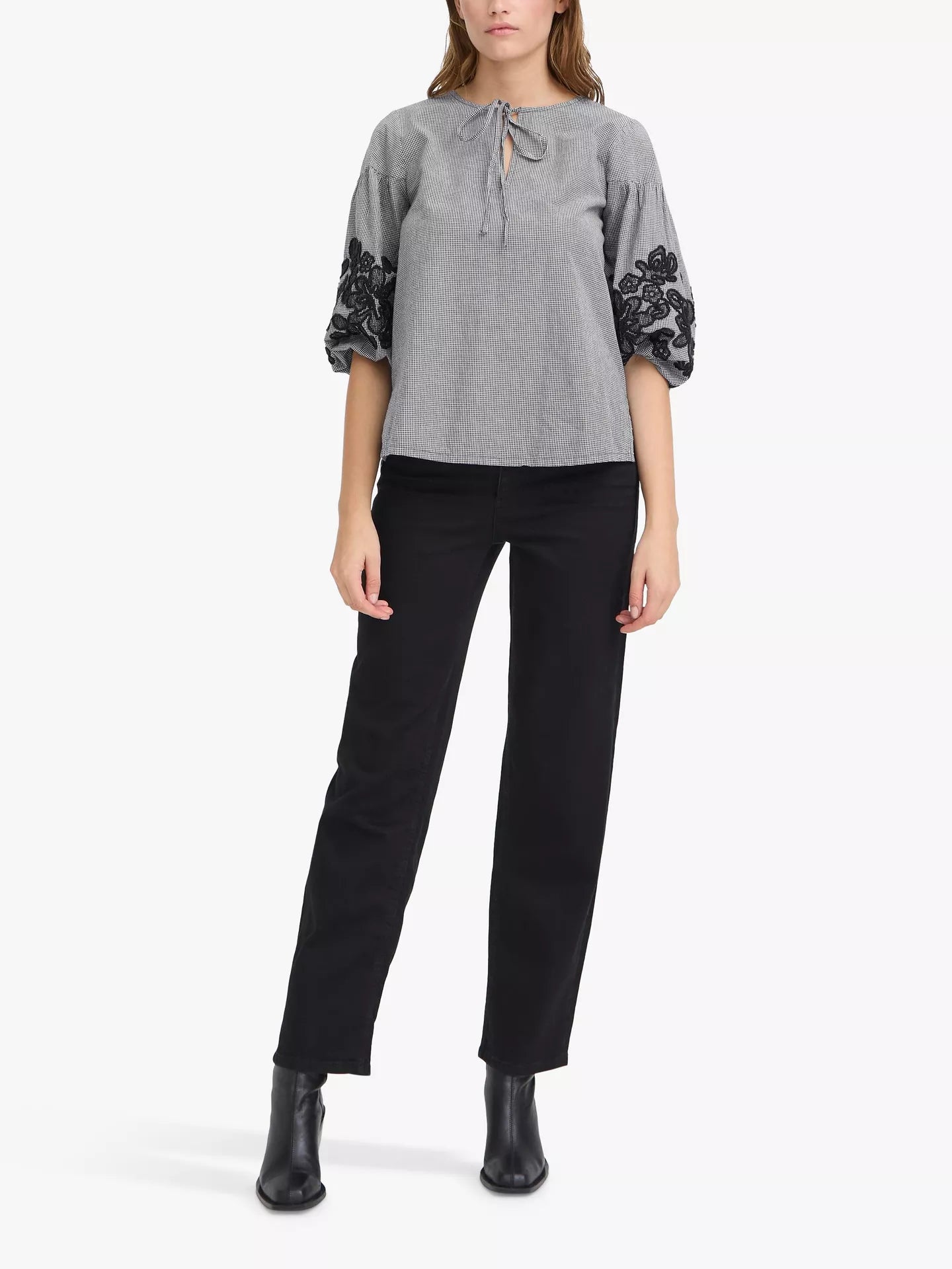Ichi Ihfloza Tie-Neck Cotton Blouse, Eclipse