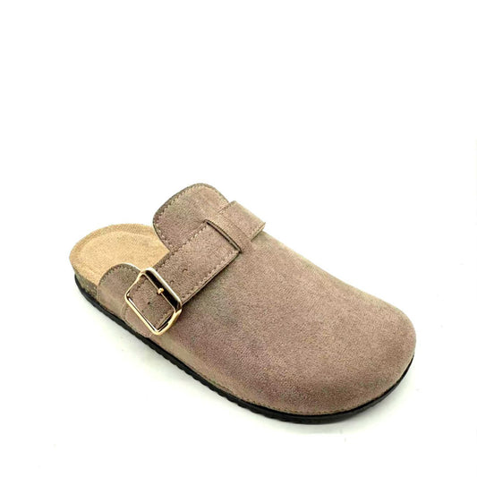 Camel Suede Slip On Buckle Clogs