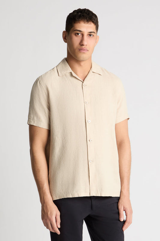 Remus Uomo Tapered Fit Short Sleeve Linen Shirt (Stone)